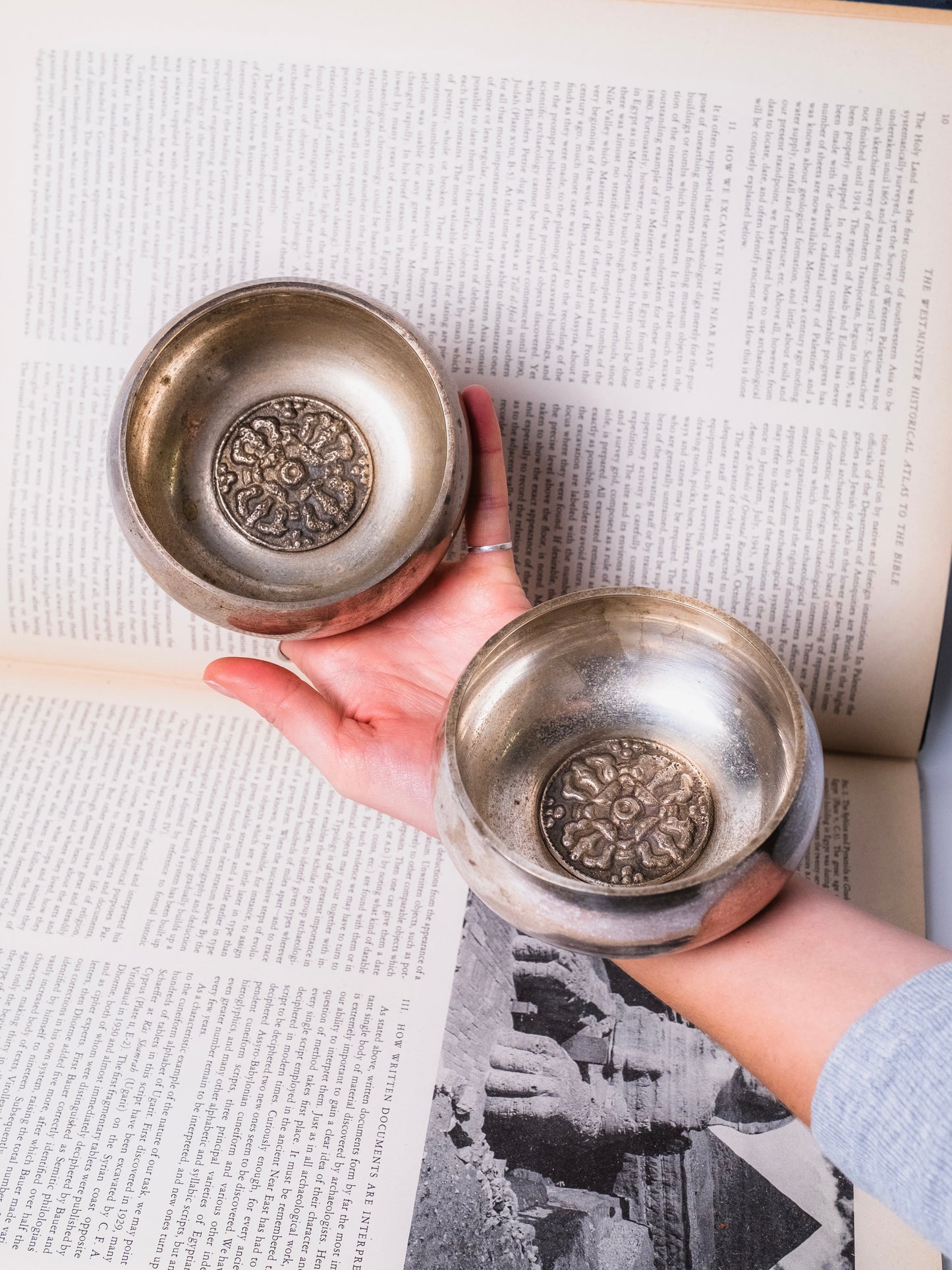 Vintage 1950s Tibetan Metal Inlay Singing Bowls | Set of 2