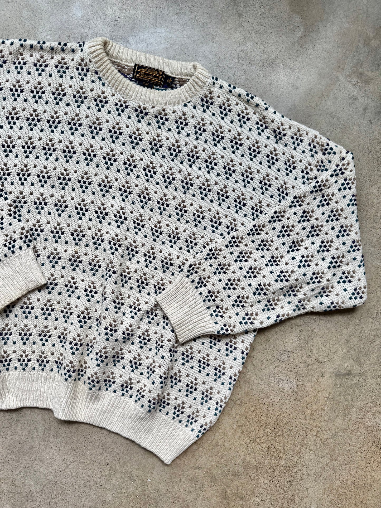 Vintage 1990s Eddie Bauer Cream Patterned Knit Cotton Crewneck Sweater | XL
