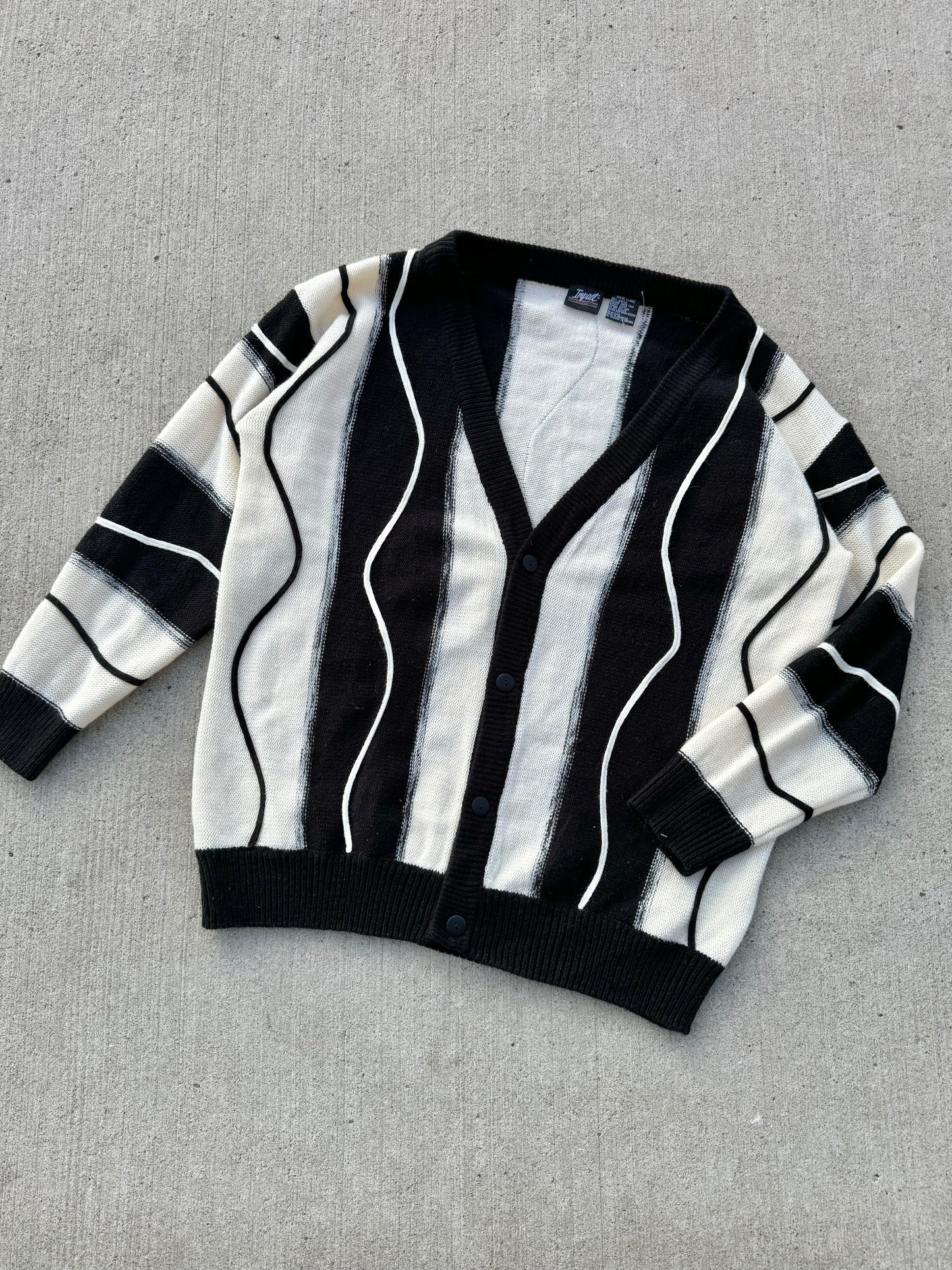 Vintage Impact Black & White Striped Funky Knit V-Neck Cardigan | XL