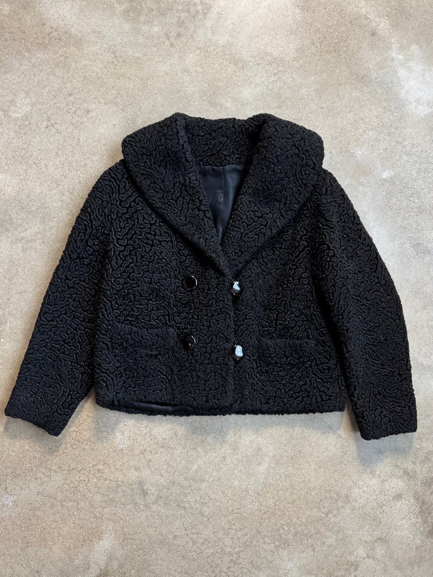 Vintage 1950s Black Persian Lambswool Double-Breasted Short Jacket | S/M