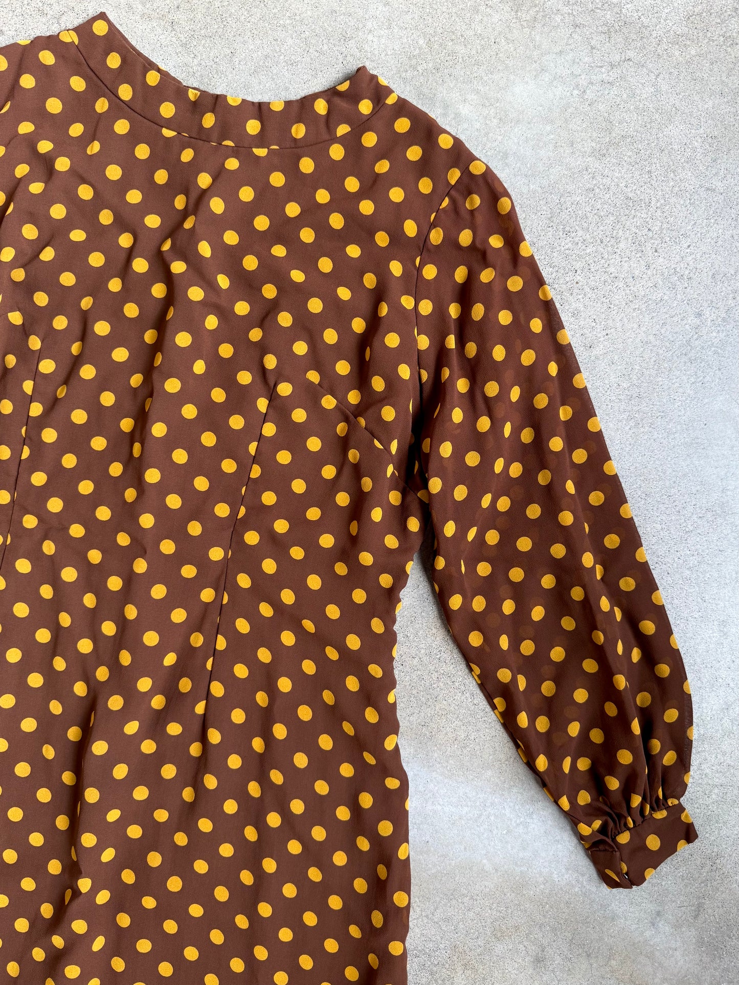 Vintage 1960s Handmade Brown & Yellow Polka Dot Long Sleeve Mini Dress | M/L