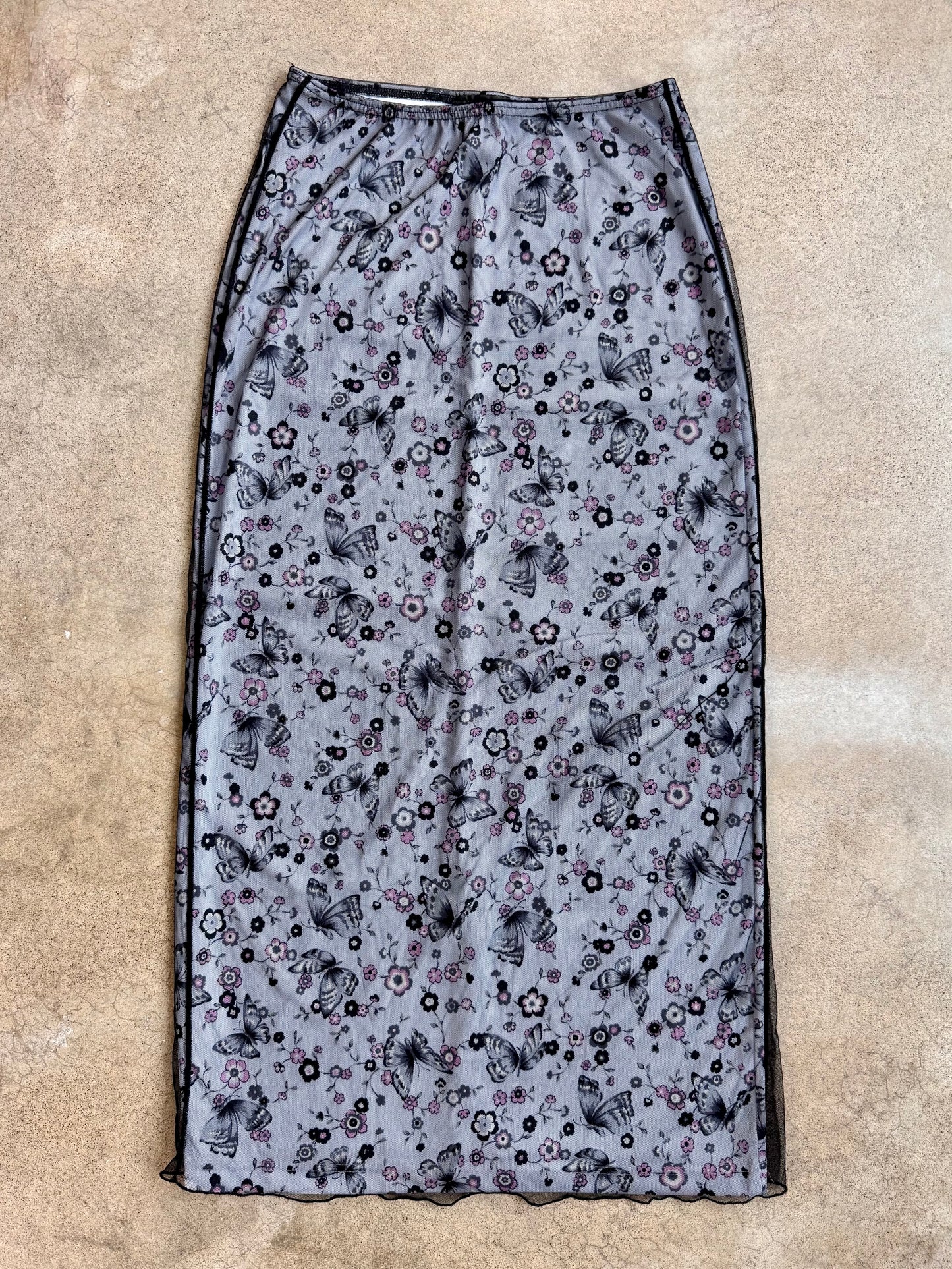 Vintage 1990s Red Alert Black Mesh Overlay Butterfly Print Maxi Skirt | Medium