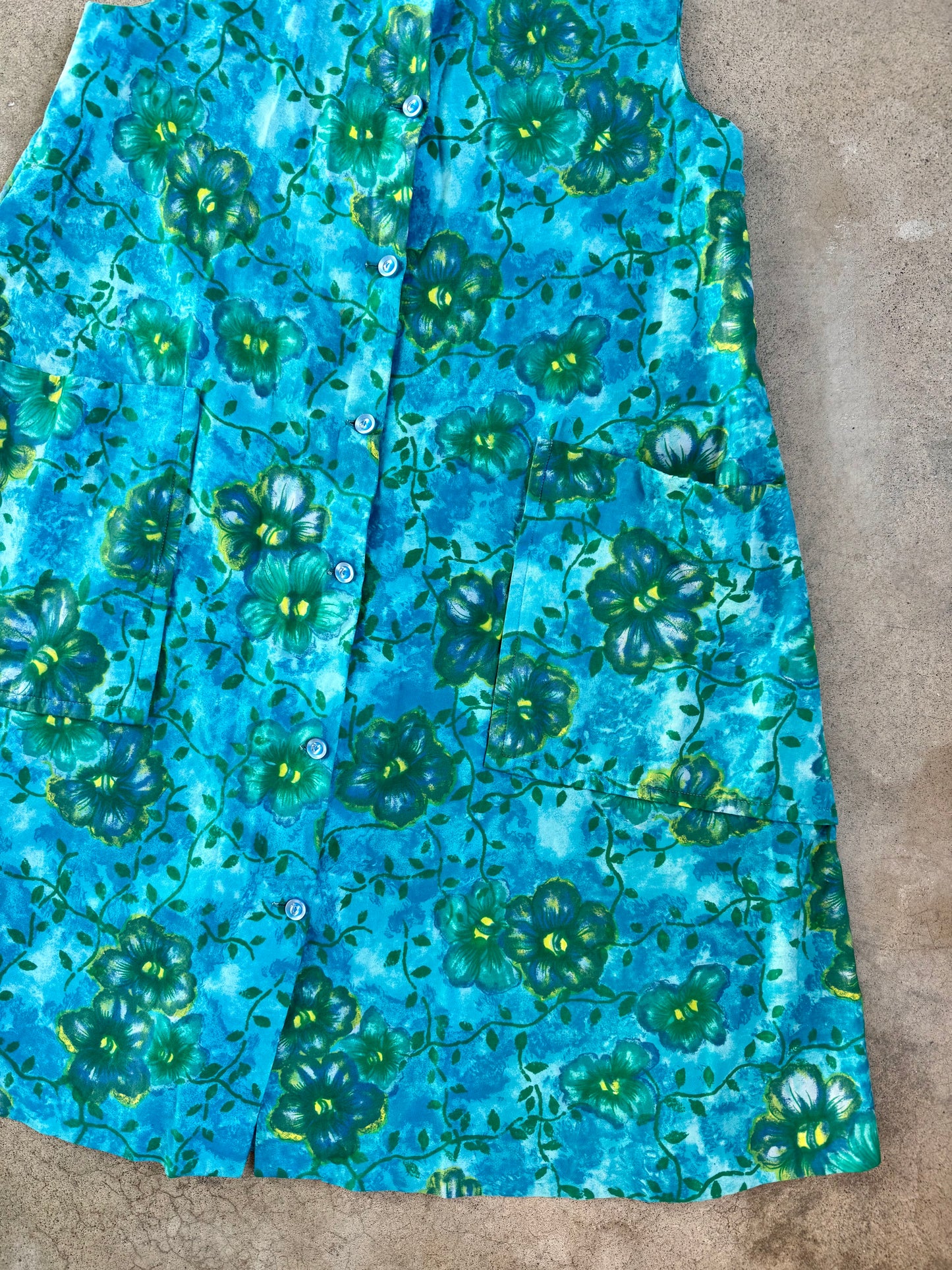 Vintage 1960s Hawaiian Blue Floral Button-Front Sleeveless Dress | Large