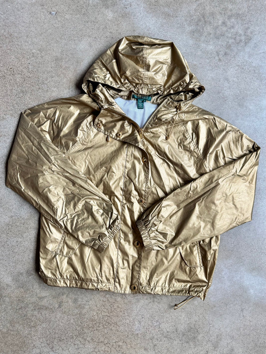 Lauren Ralph Lauren Gold Metallic Hooded Windbreaker Jacket | Medium