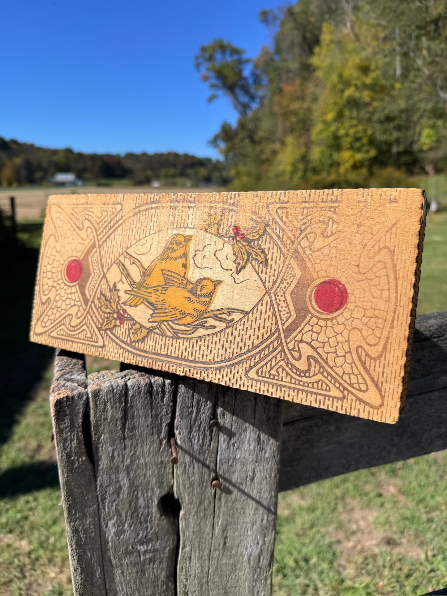 Vintage 1940s Wooden Bird Pattern Pyrography Box