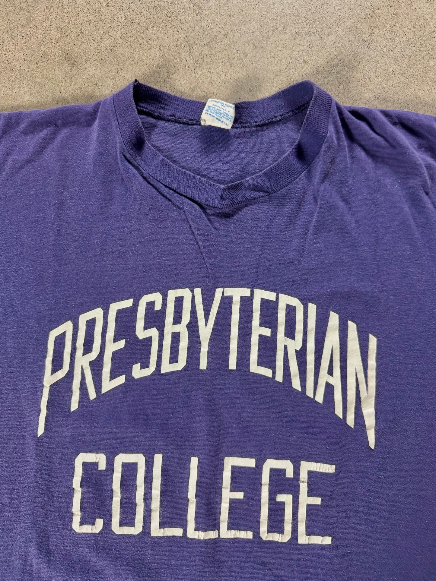 Vintage 1980s Champion Purple Presbyterian College Tee | Large