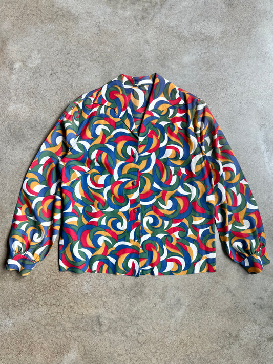 Vintage 1970s Multi-Color Abstract Swirl Printed Blouse | M/L
