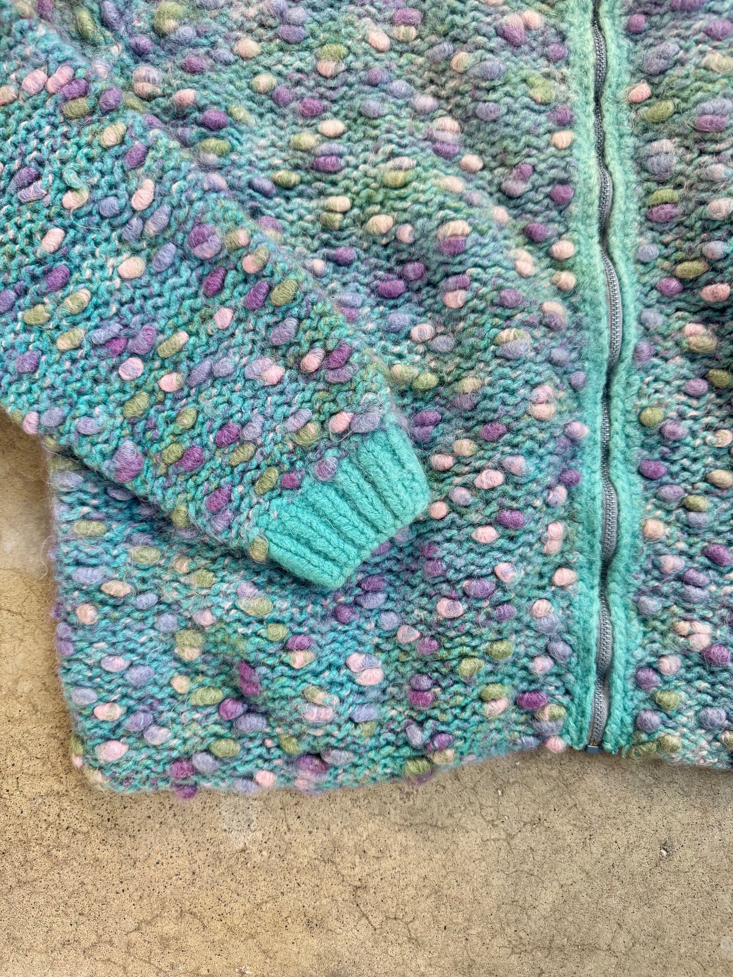 Vintage 1980s Handmade Multi-Color Bobble Knit Zip-Up Sweater | L/XL