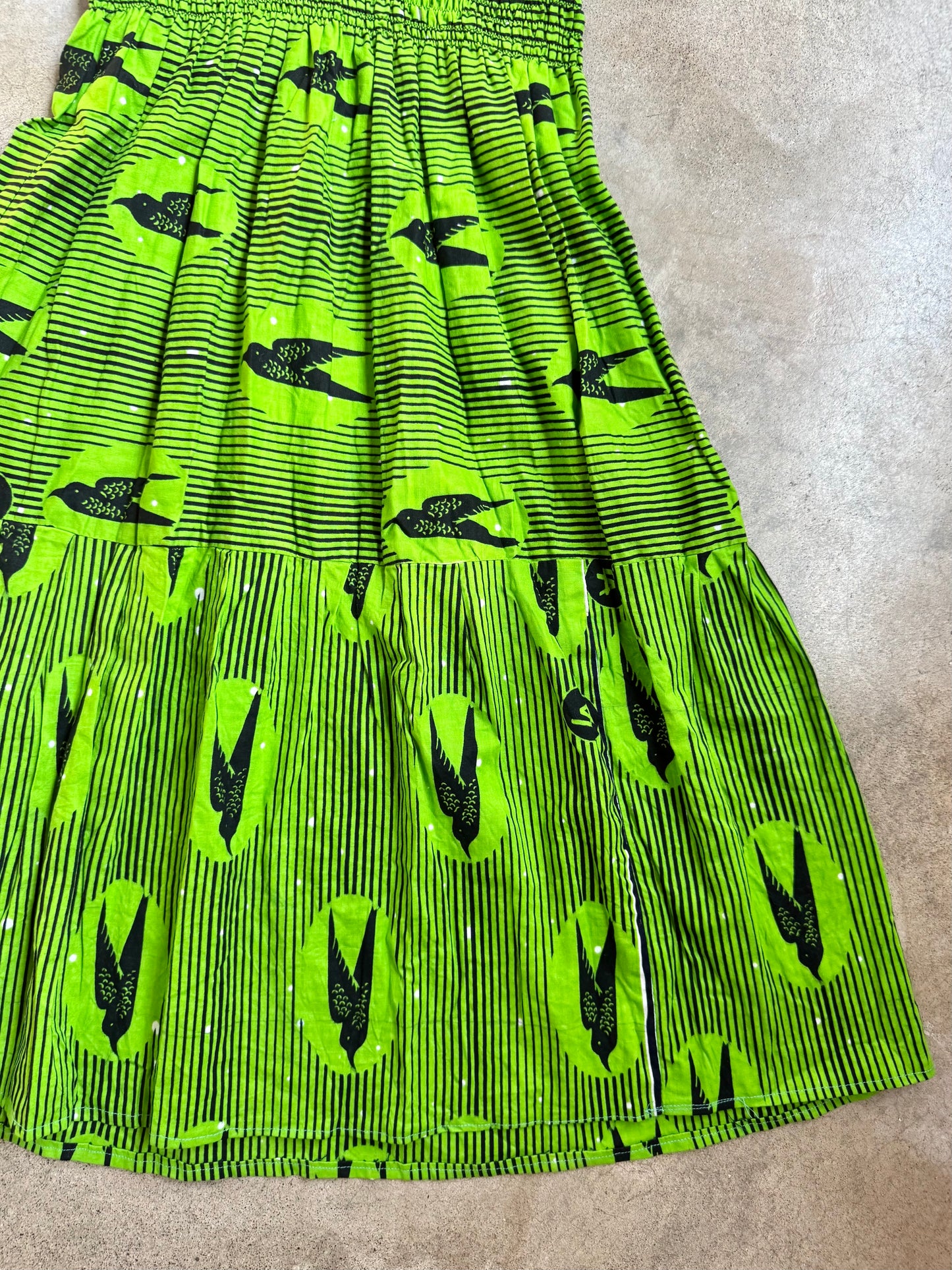Vintage 1980s Handmade Green & Black Bird Pattern Halter Dress | Small