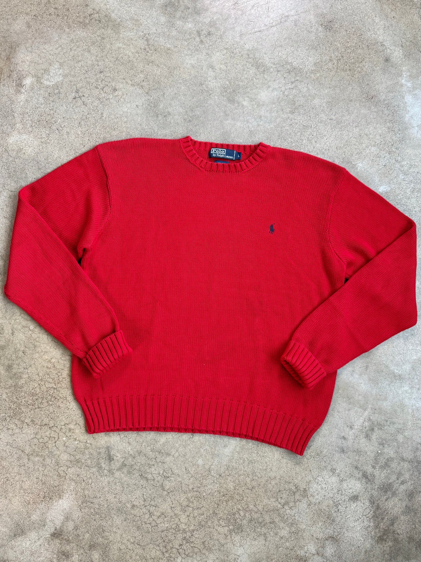 Vintage 1990s Polo Ralph Lauren Red Cotton Crewneck Sweater | Large