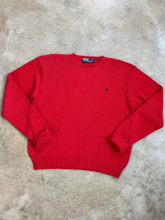 Vintage 1990s Polo Ralph Lauren Red Cotton Crewneck Sweater | Large
