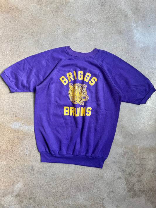 Vintage 1970s Purple & Gold Briggs Bruins Short Sleeve Sweatshirt | Large