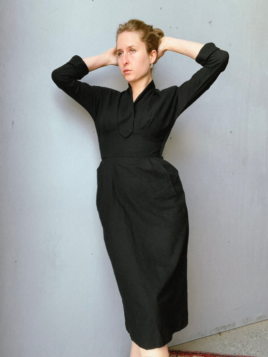 Vintage 1950s Pomette Black Wool Fitted Cocktail Dress | Small