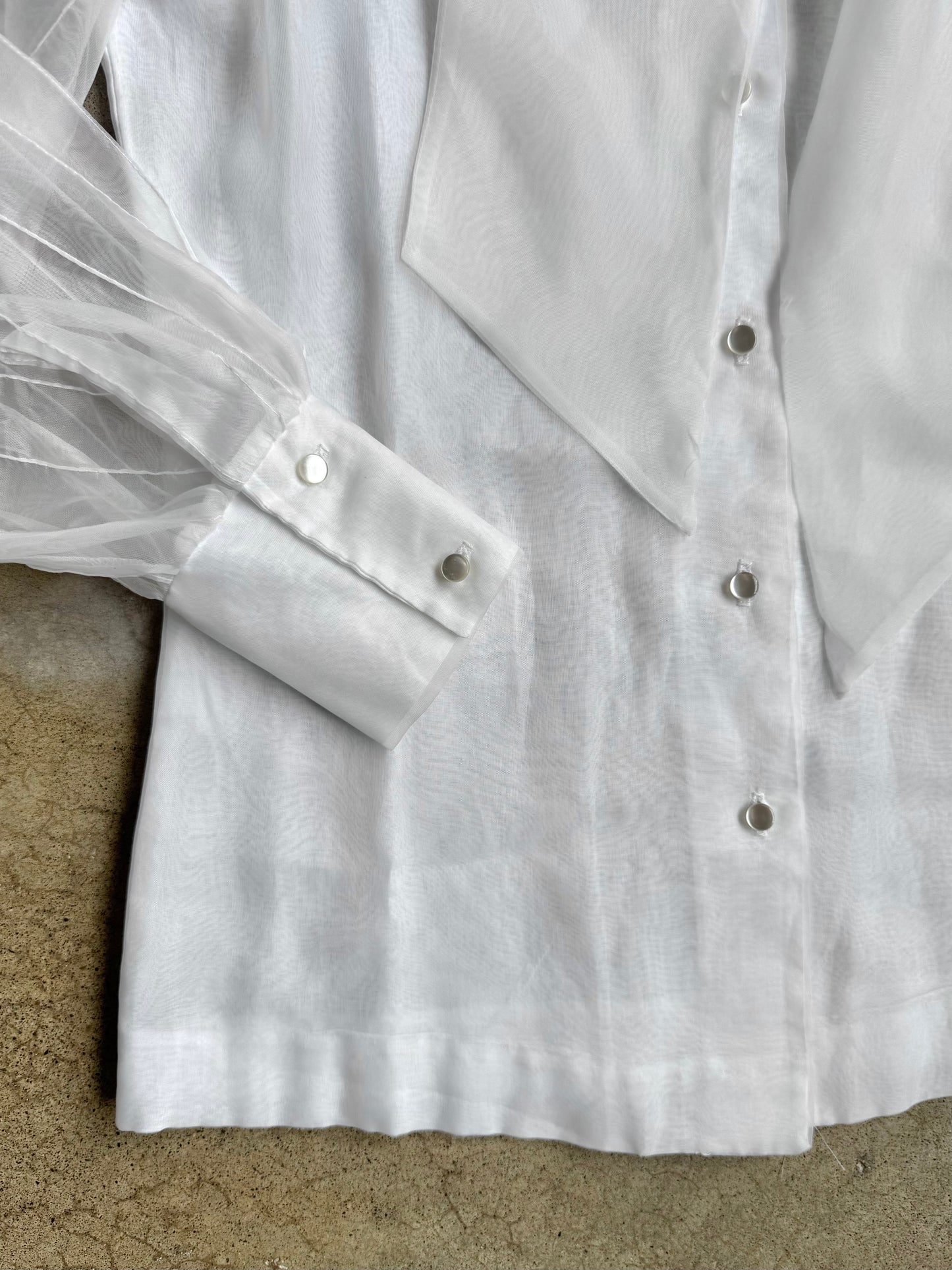 Vintage 1960s Judy Bond White Pussy-Bow Sheer Sleeve Blouse | S/M