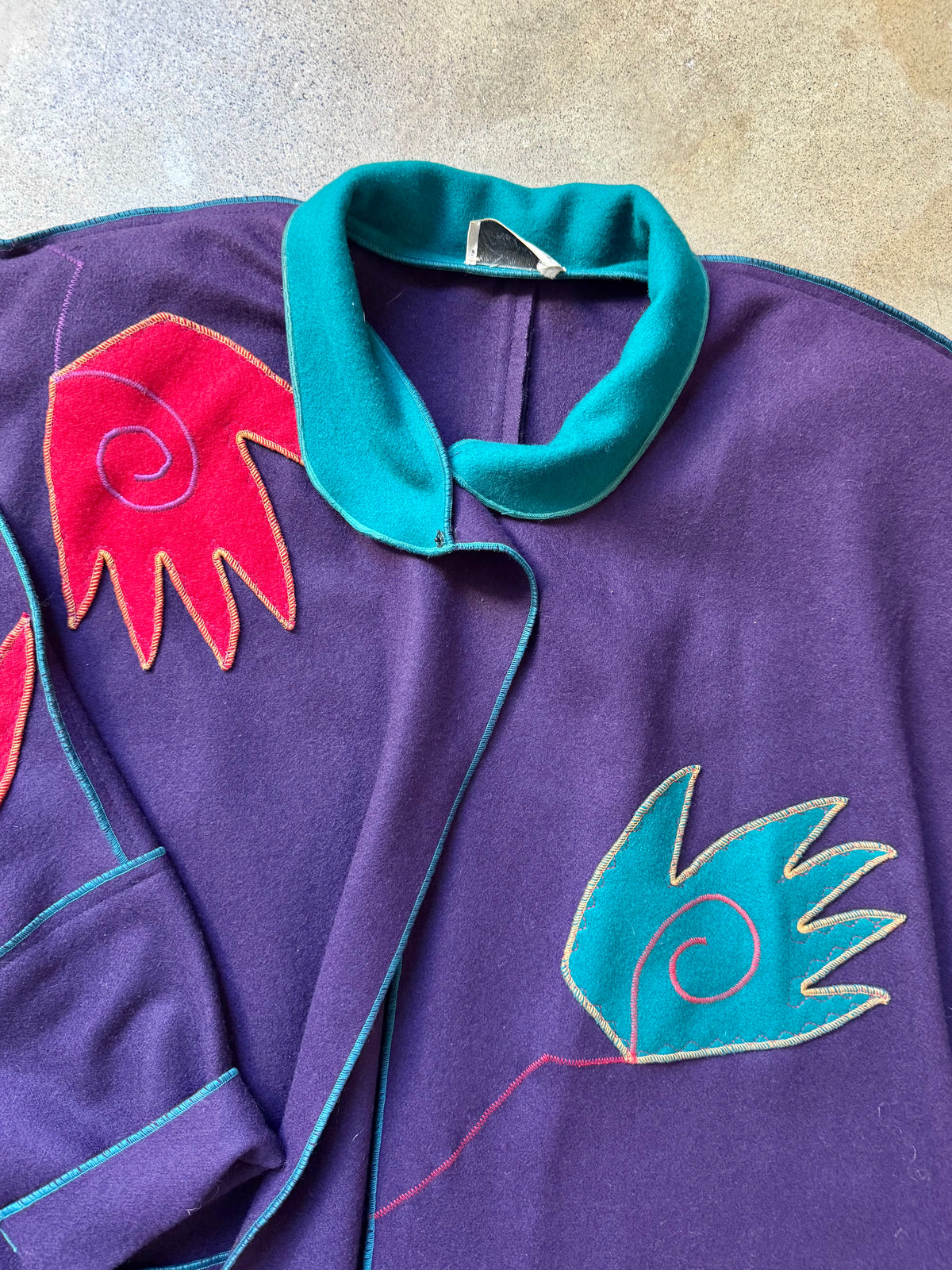 Vintage 1980s Gloria Walsh Purple Felted Wool Whimsical Hand Patch Embroidered Overcoat | L/XL