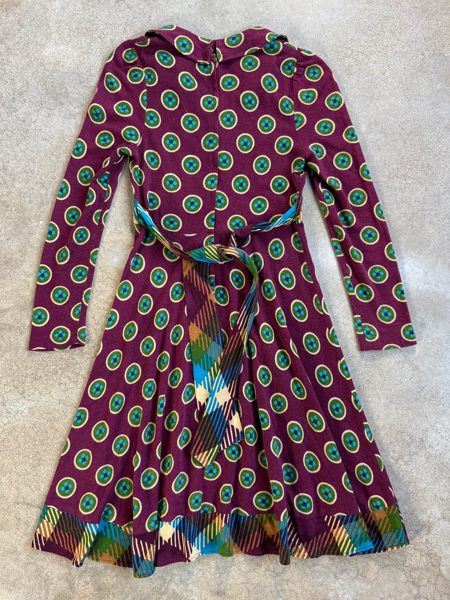 Vintage 1960s Mindy Malone Burgundy Multi-Pattern Collared Dress | XS