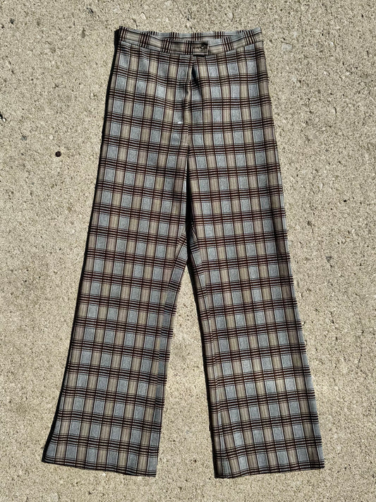 Vintage 1970s Brown Plaid Wide Leg Pants | Waist 27”