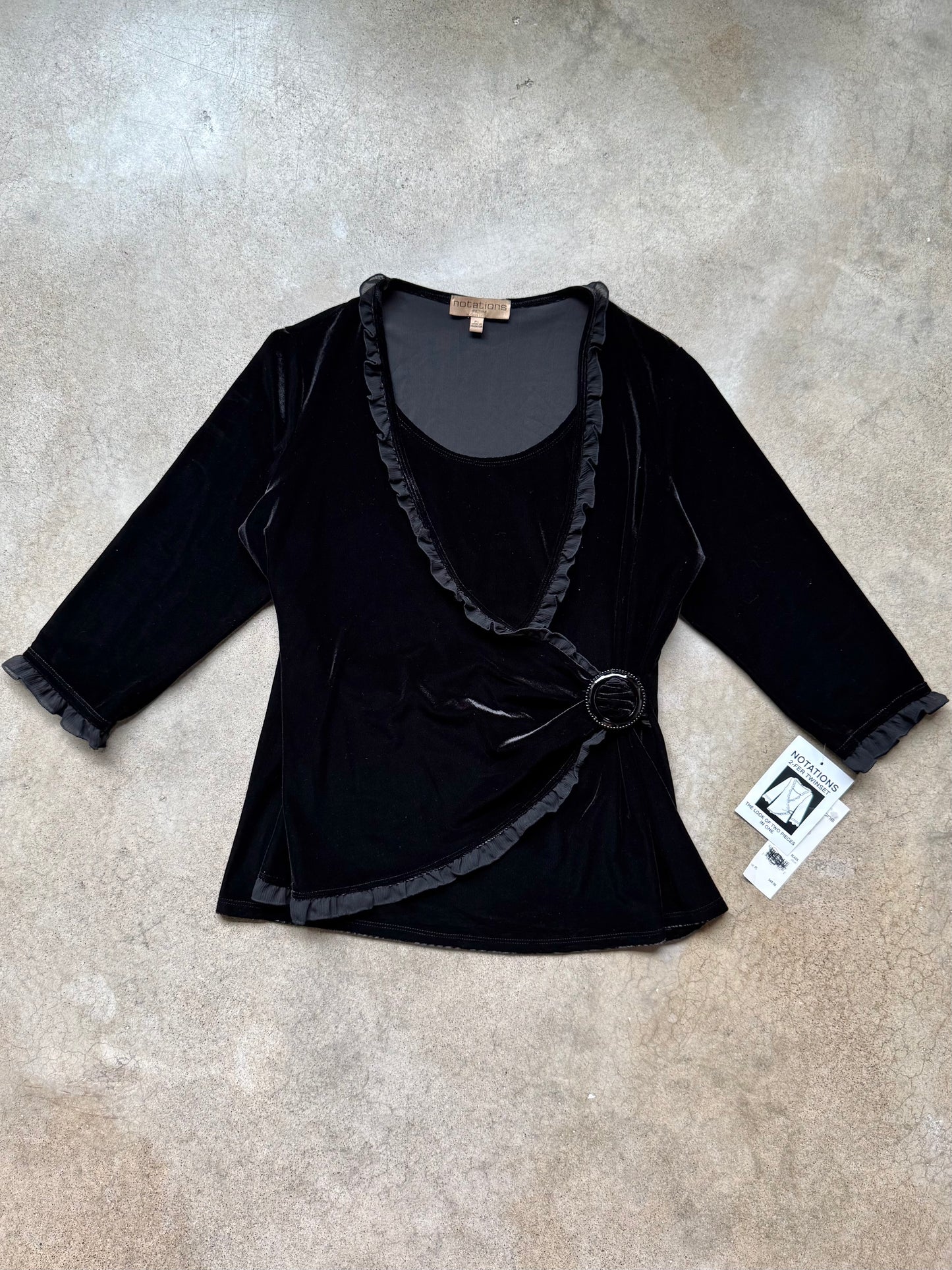 Vintage 1990s Notations Black Velvet Frilled Trim Wrap Blouse | Large