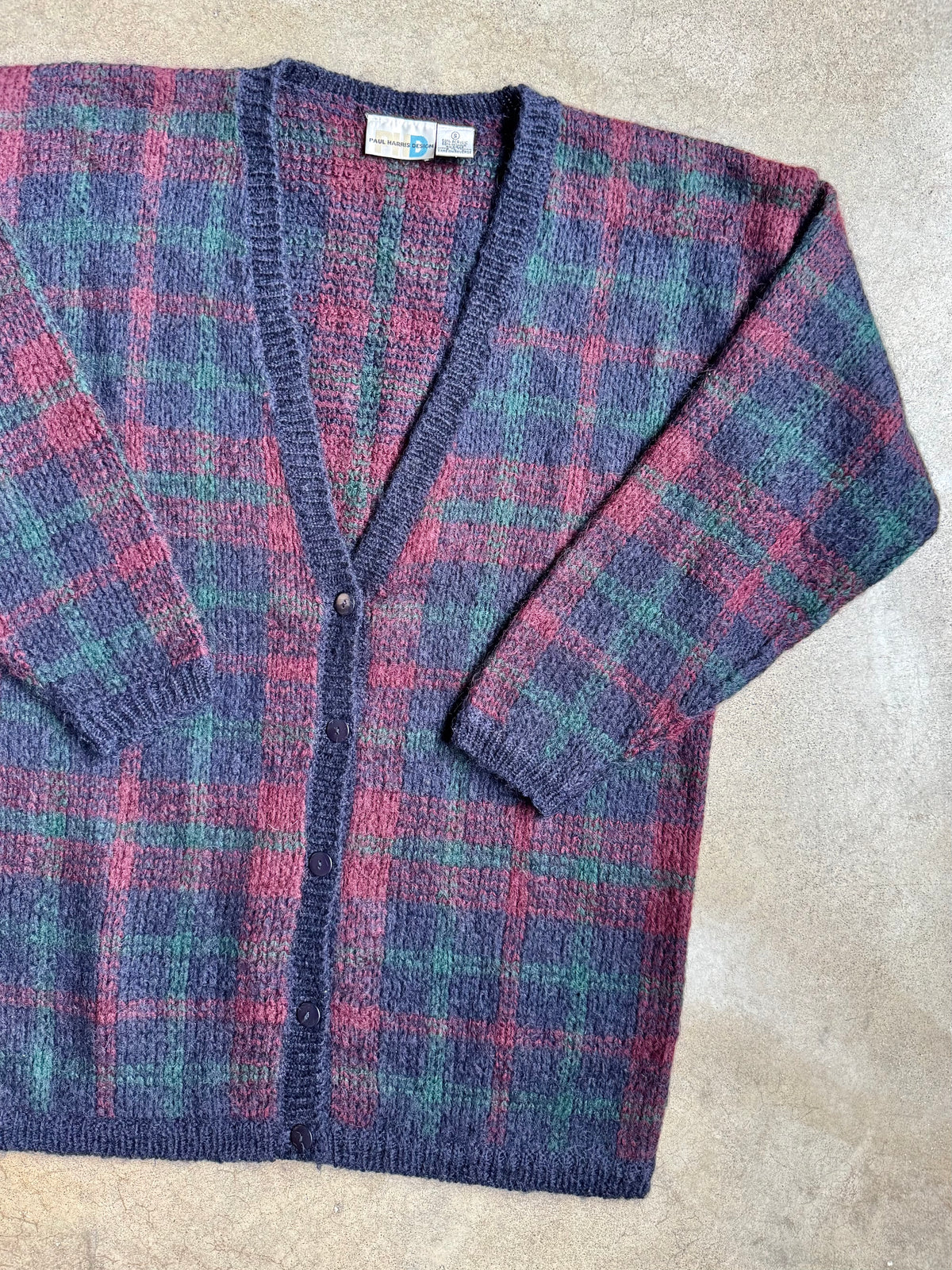 Vintage 1990s Paul Harris Design Dark Plaid Mohair-Blend Knit Cardigan | Small