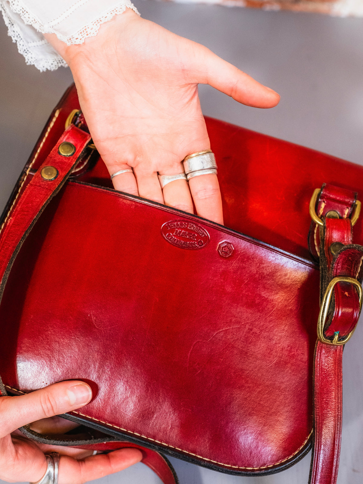 Vintage Dennis Knight Handcrafted Red Leather Saddle Bag