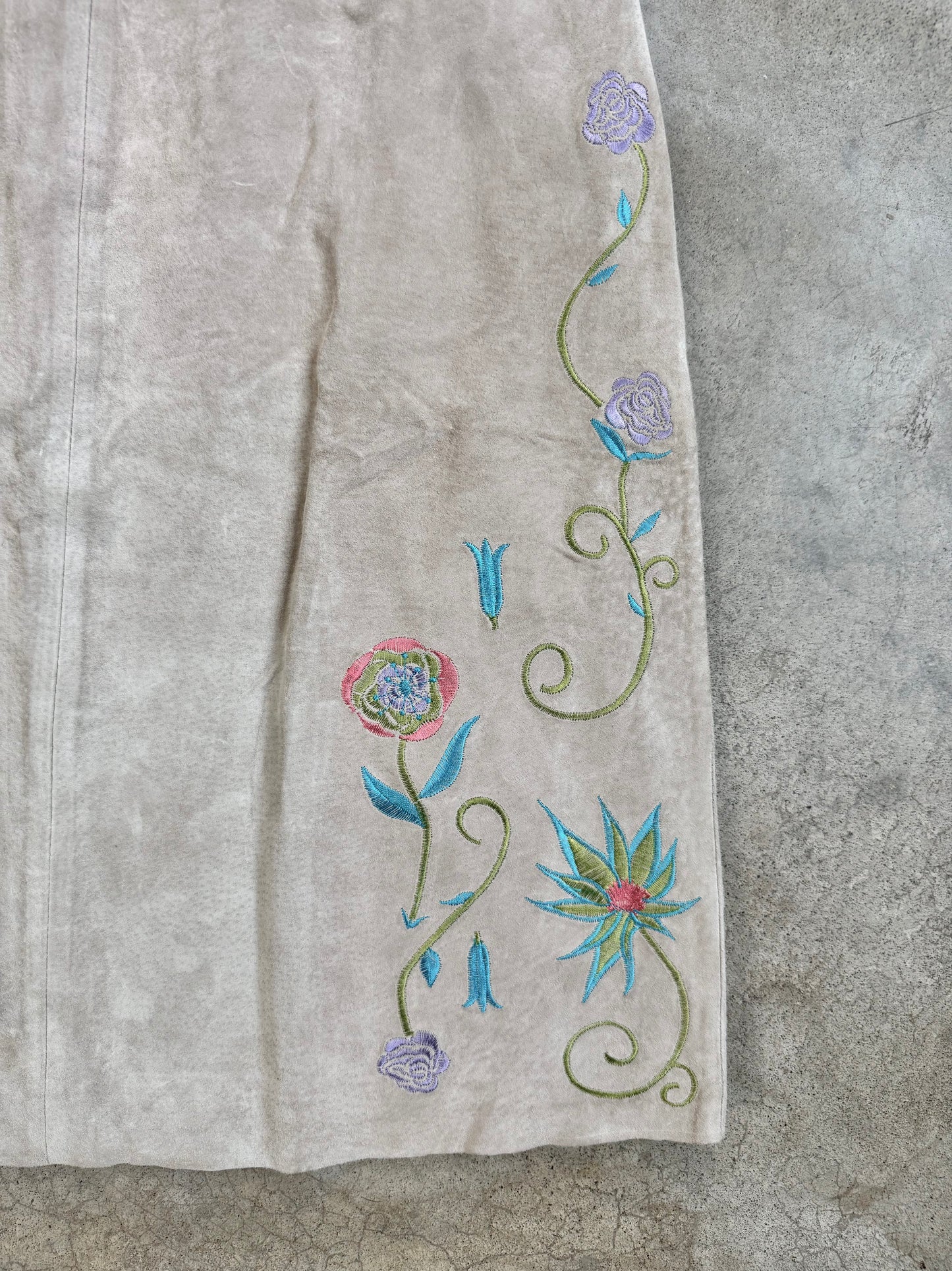 Vintage 1990s Randolph Duke Floral Embroidered Suede Leather Skirt | Waist 27”
