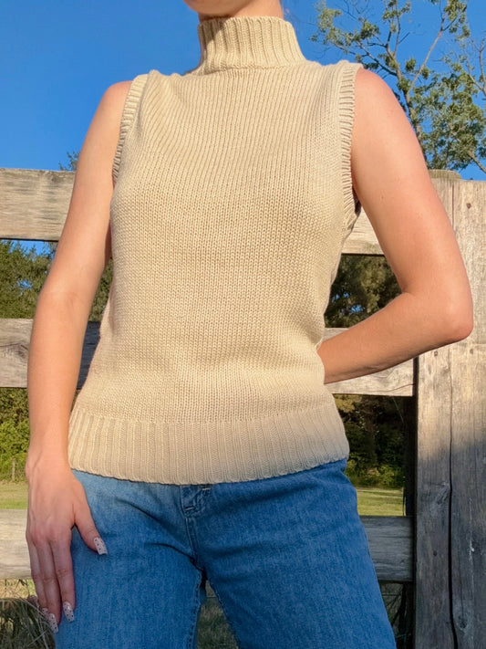 Vintage 1990s United States Sweaters Sleeveless Mock Neck Cotton Knit Top | Medium