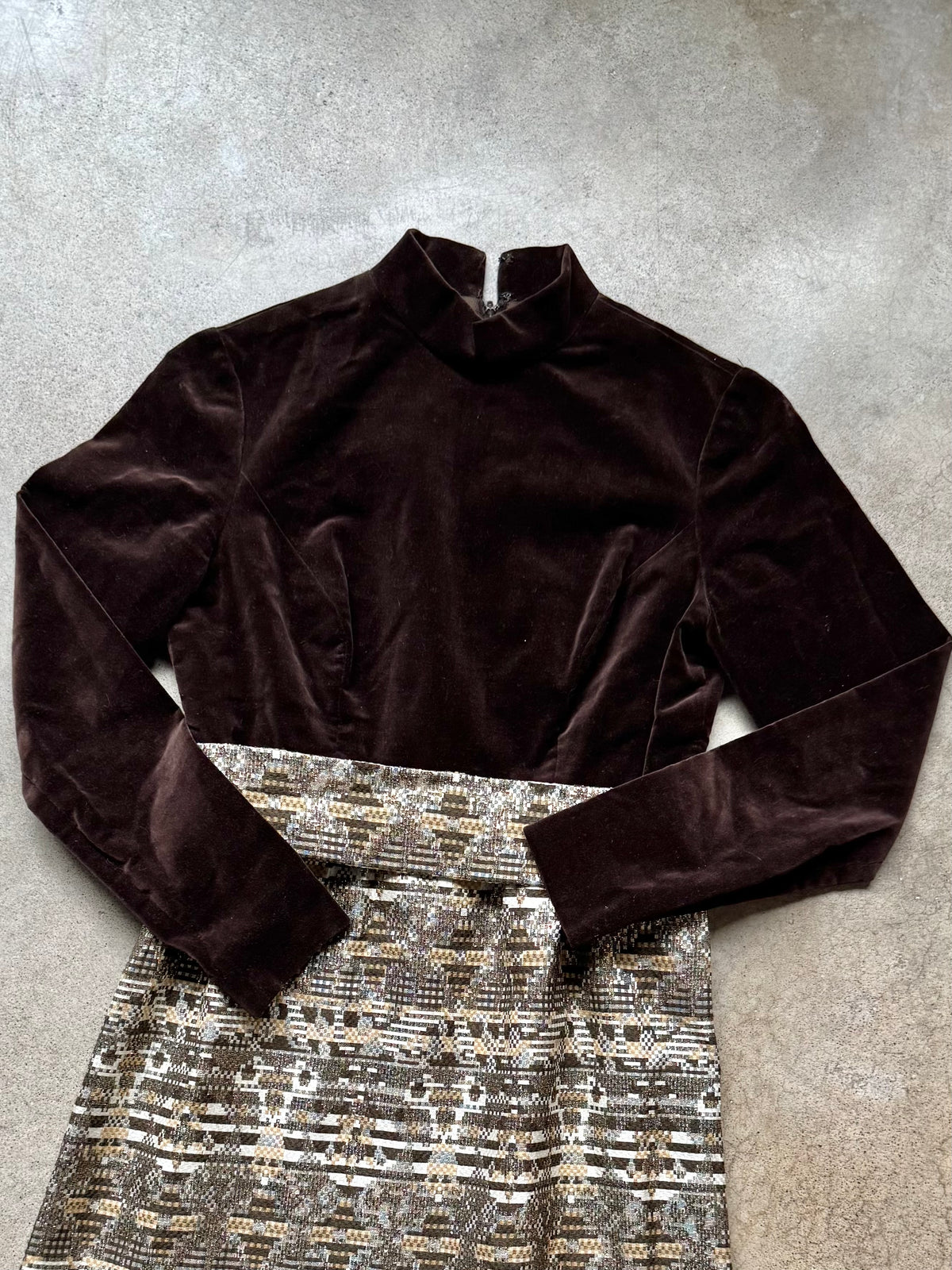 Vintage 1960s Eleanor Brenner Couture Brown Velvet & Gold Jacquard Skirt Long Sleeve Dress | Small