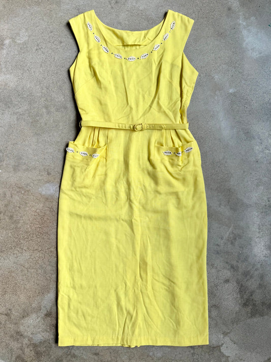 Vintage 1960s Handmade Yellow & White Embellished Trim Sleeveless Midi Dress w/ Belt | M/L
