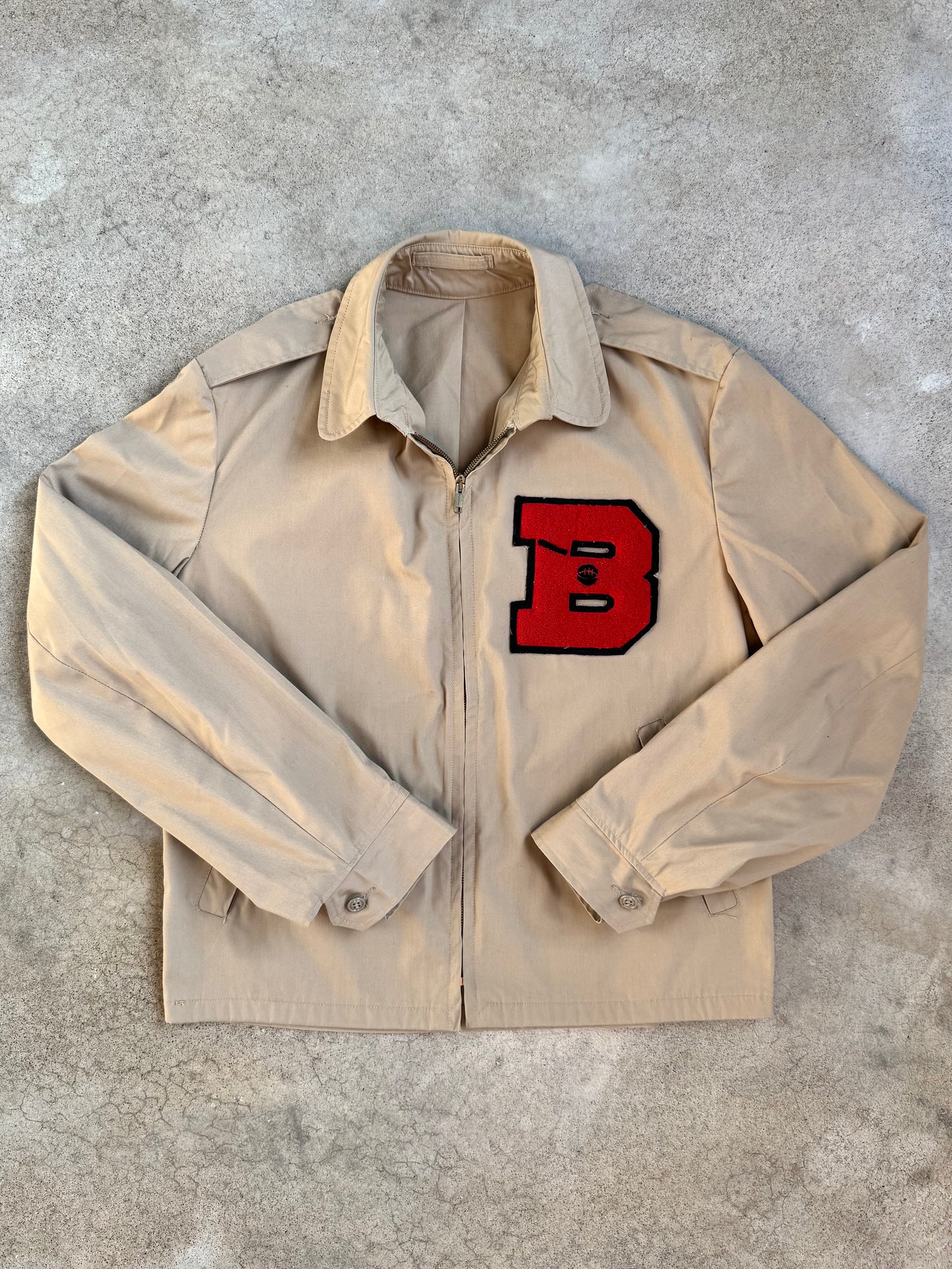 Vintage 1970s Creighton U.S. Navy Tan Zip-Up Windbreaker Jacket w/ Letterman Patch | Medium