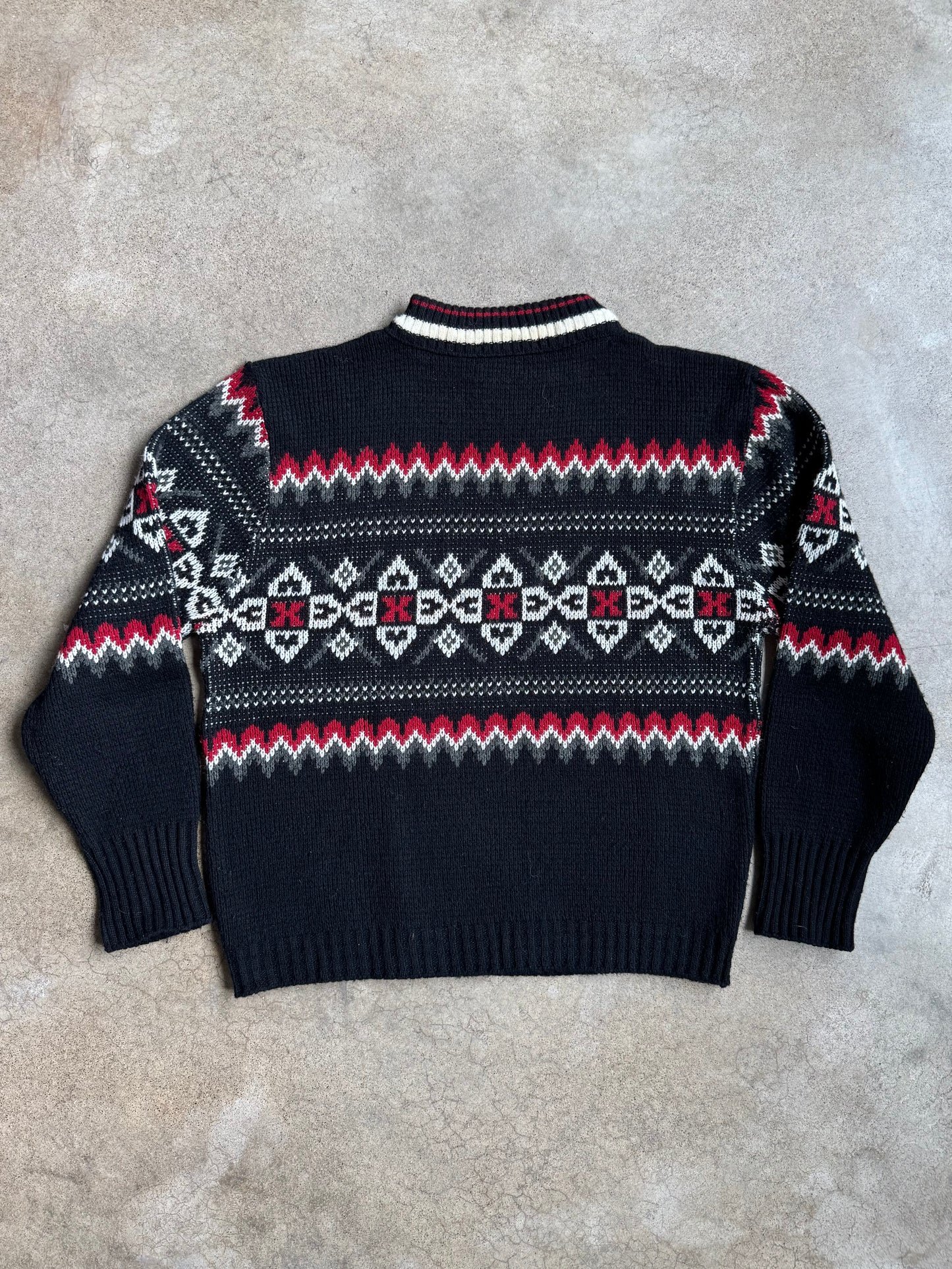 Vintage 1970s Black Fair Isle Mock Neck Sweater | Medium