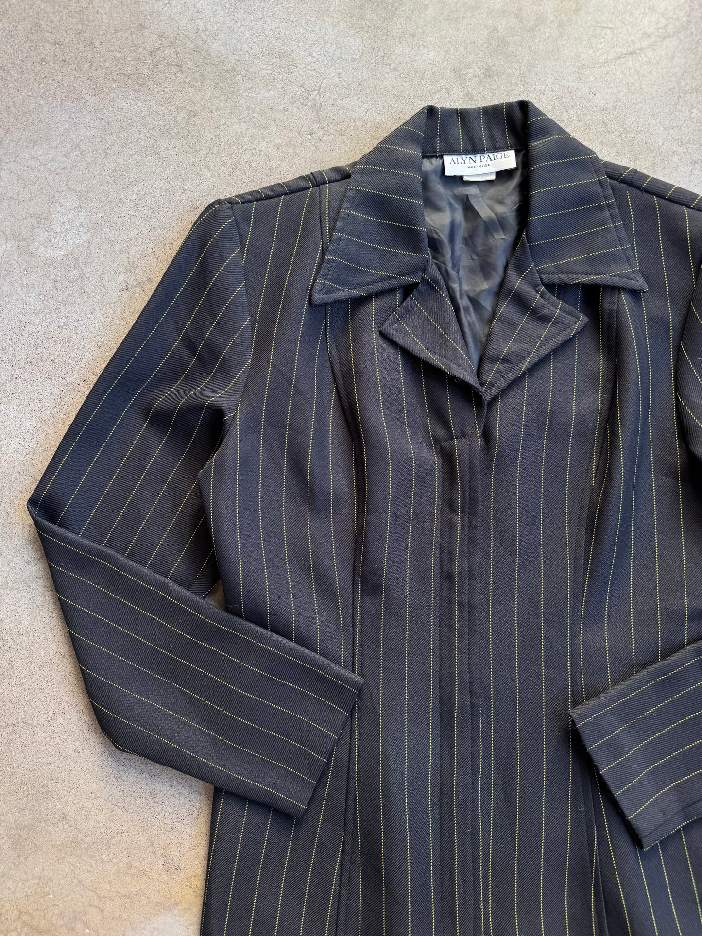 Vintage 1990s Alyn Paige Black & Green Pinstripe Zip-Up Blouse | Small