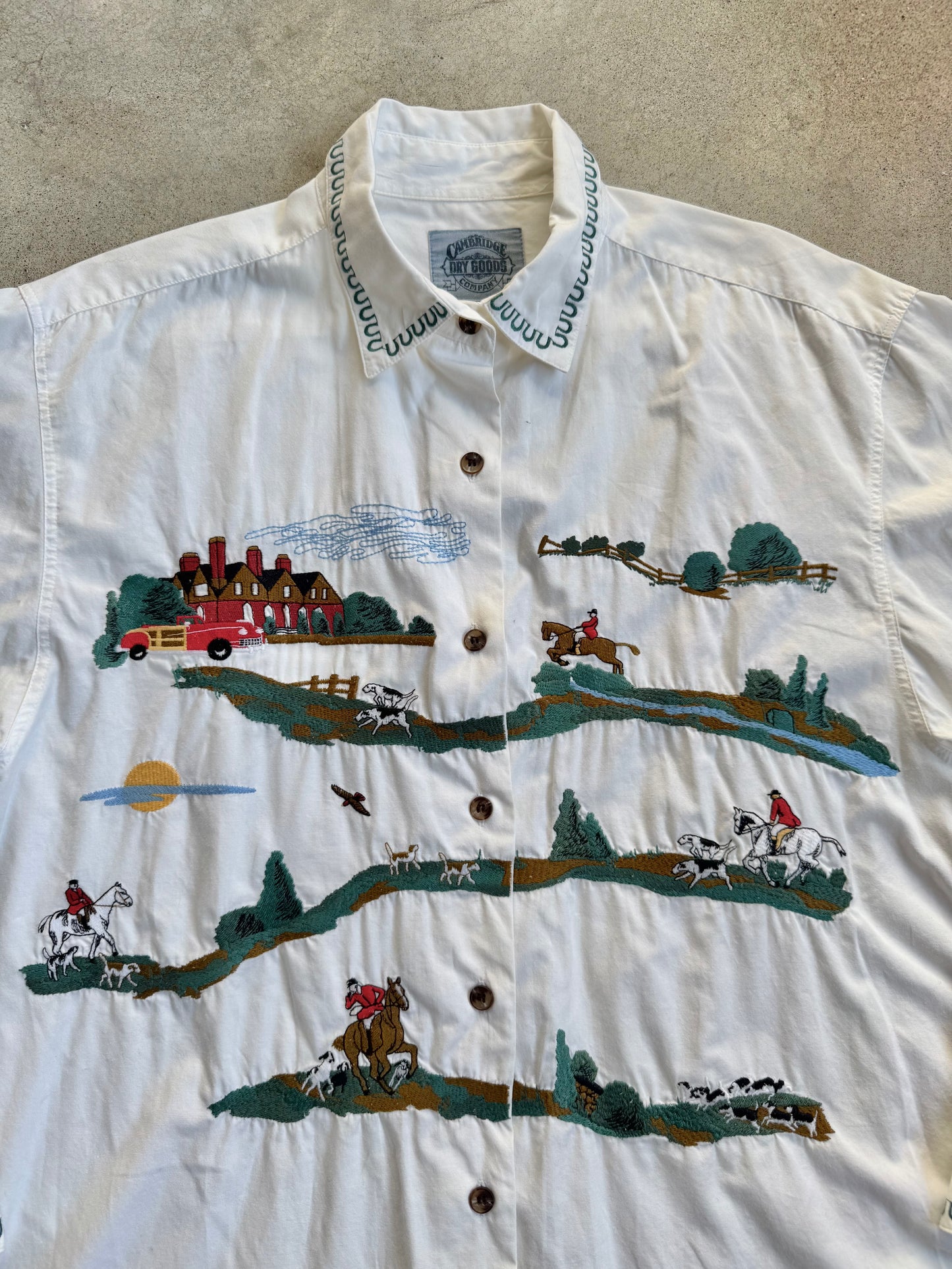 Vintage 1980s Cambridge Dry Goods Equestrian Embroidered Button-Up Shirt | M/L