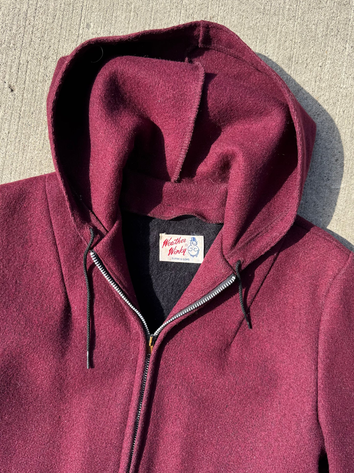 Vintage 1950s Weather Winky 100% Wool Burgundy Hooded Zip-Up Jacket | XS/S