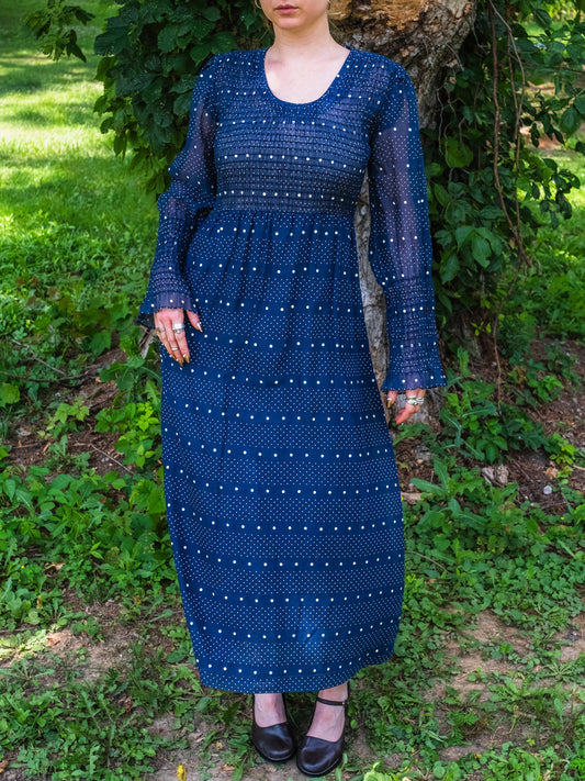 Vintage 1960s Bonwit Teller Navy Polka Dot Smocked Long Sleeve Maxi Dress | S/M