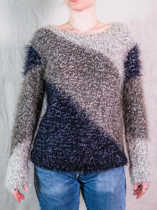 Vintage 1990s Hand Knit Tri-Color Fuzzy Knit Sweater | Medium