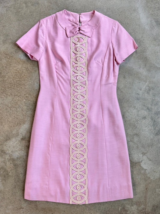 Vintage 1960s Mod Pink Embellished Short Sleeve Dress | Medium