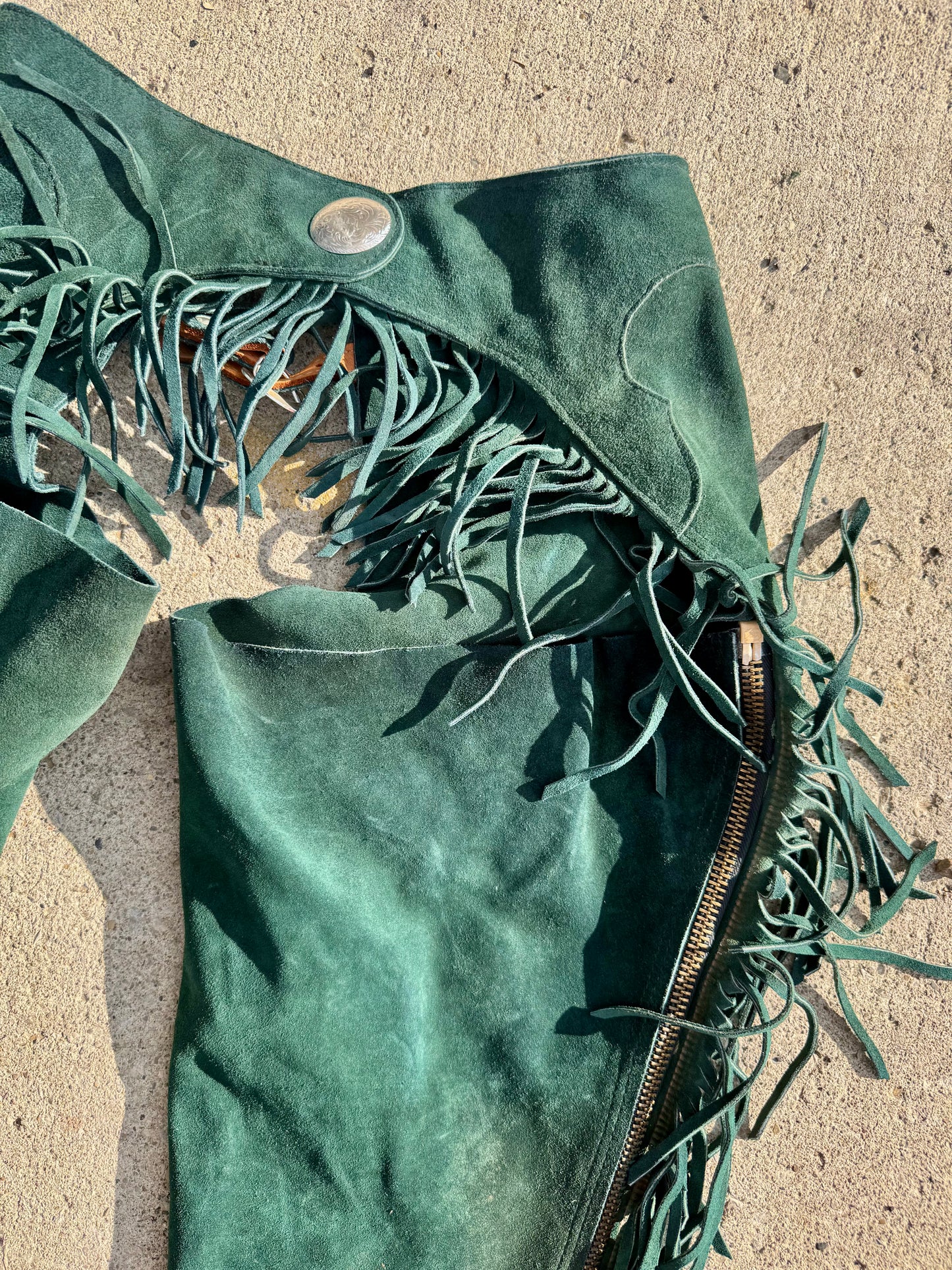 Vintage 1980s Rod's Western Palace Green Suede Leather Fringe Chaps | M/L