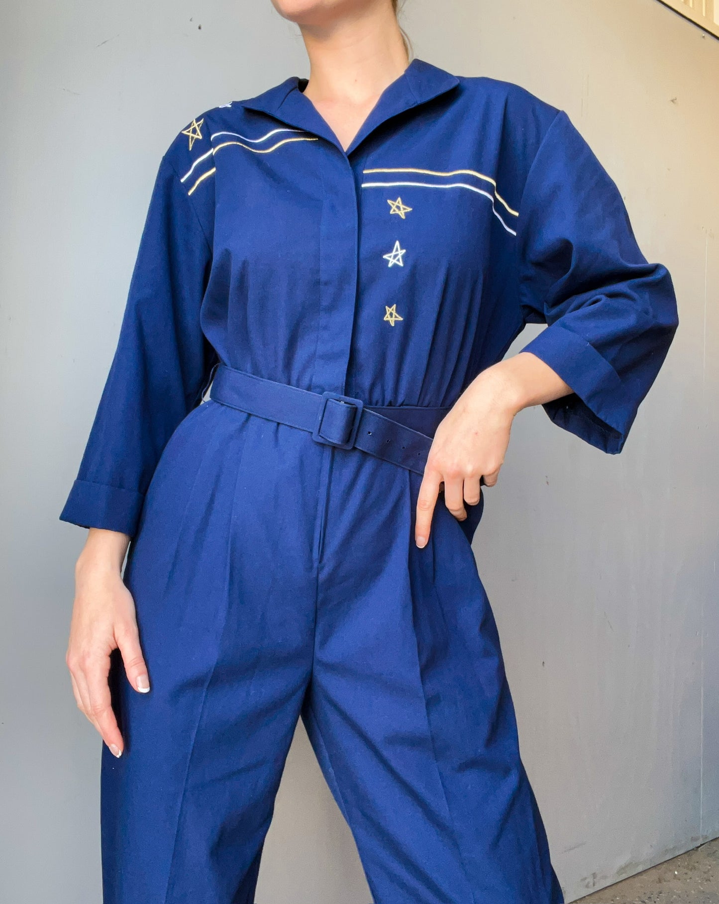 Vintage 1980’s Willi Of California Blue Starburst Belted Jumpsuit | S/M