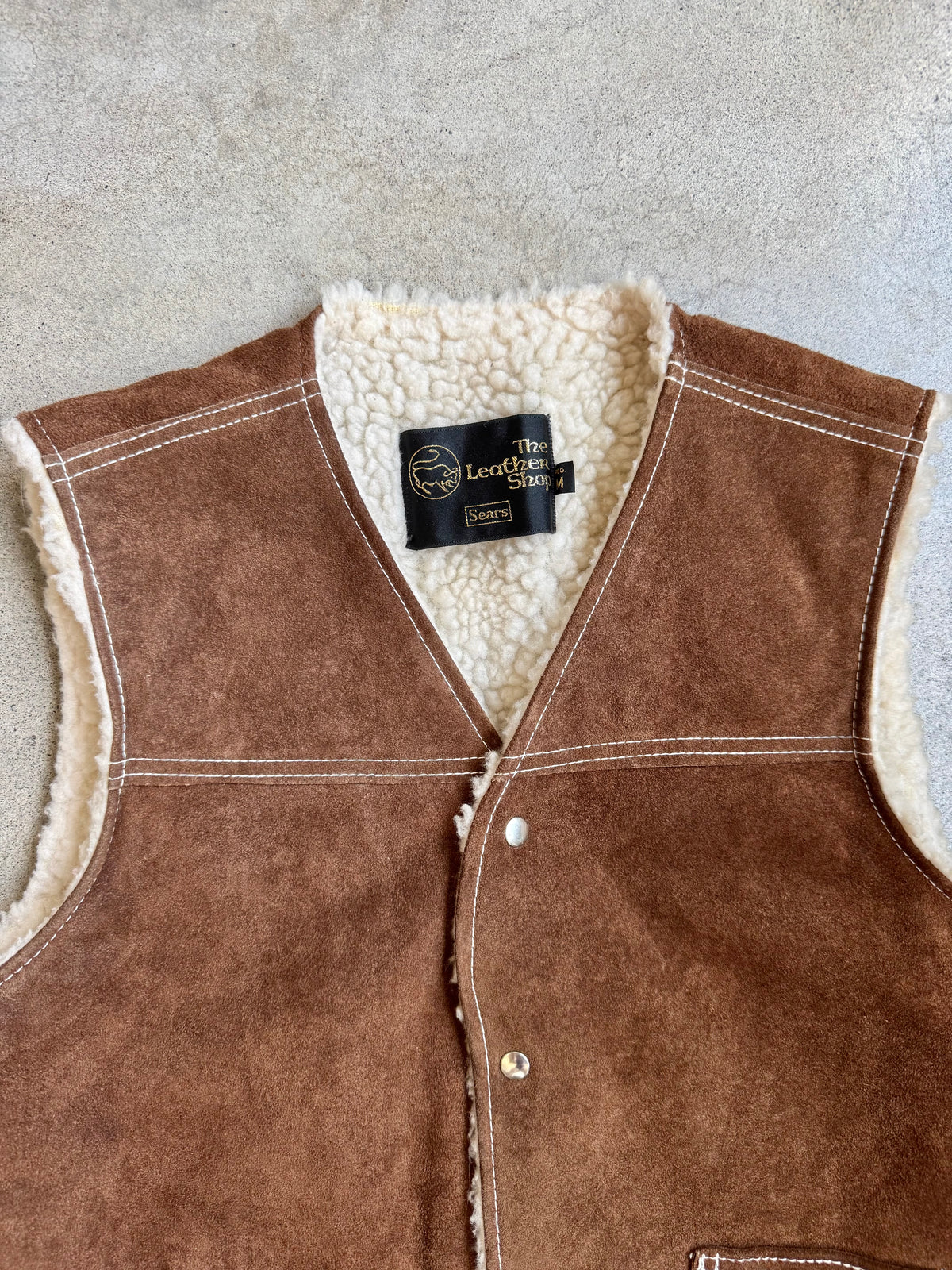 Vintage 1970s Sears “The Leather Shop” Brown Suede Sherpa Lined Vest | Medium