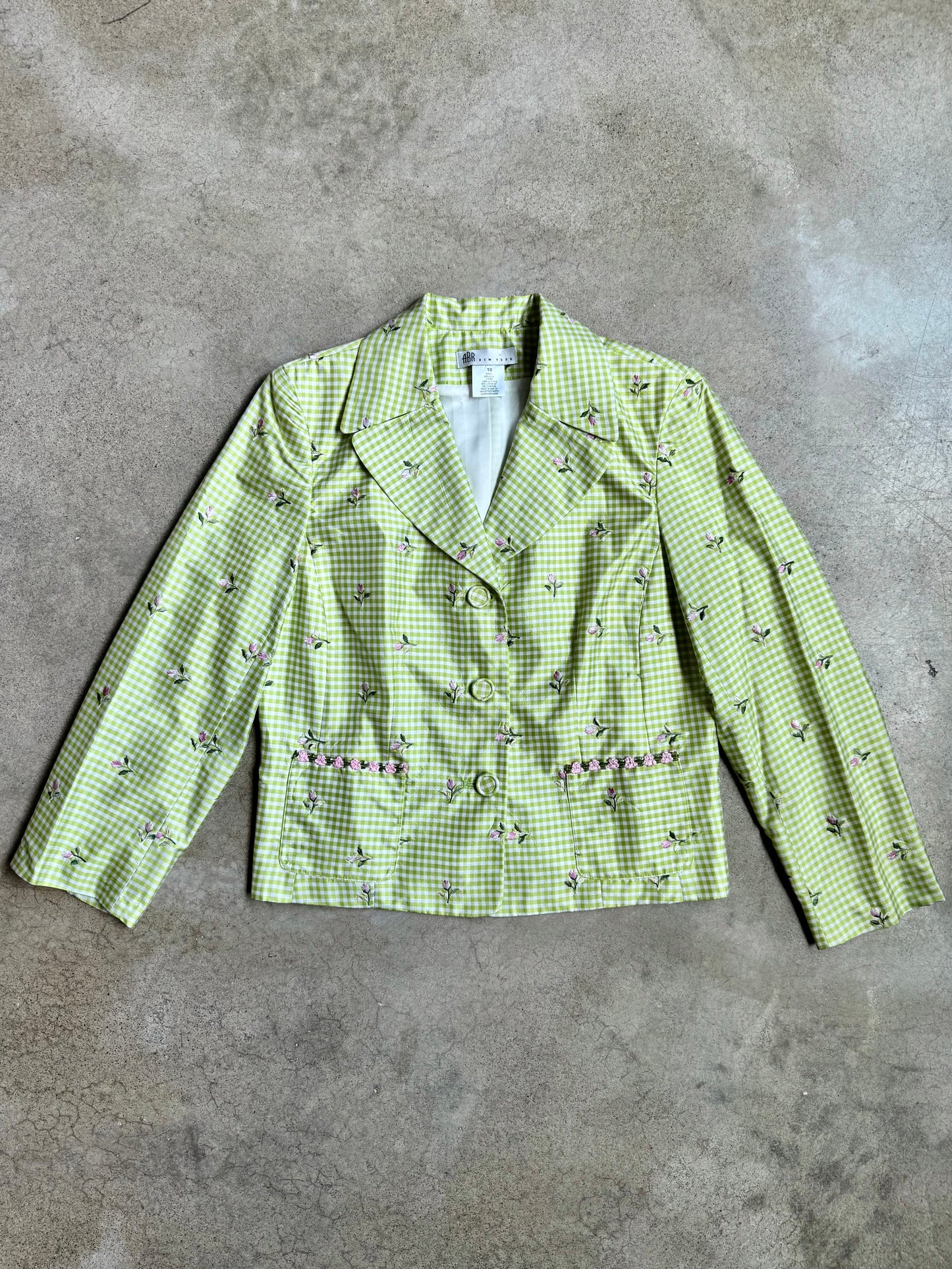 Vintage 1990s ABR New York Green Gingham Floral Embroidered Silk Skirt Suit | M/L