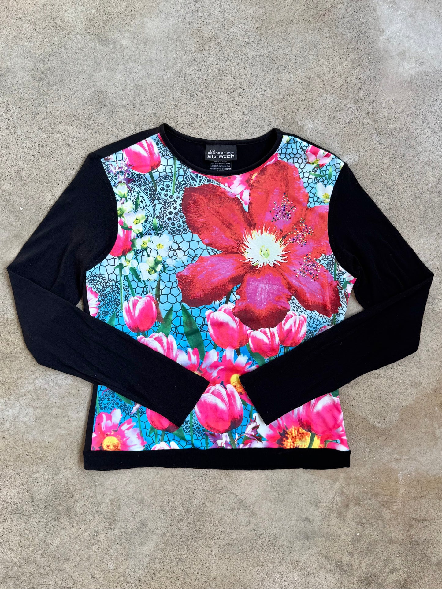 Vintage 1990s No Boundaries Mesh Sleeve "Flower Power" Top | Medium