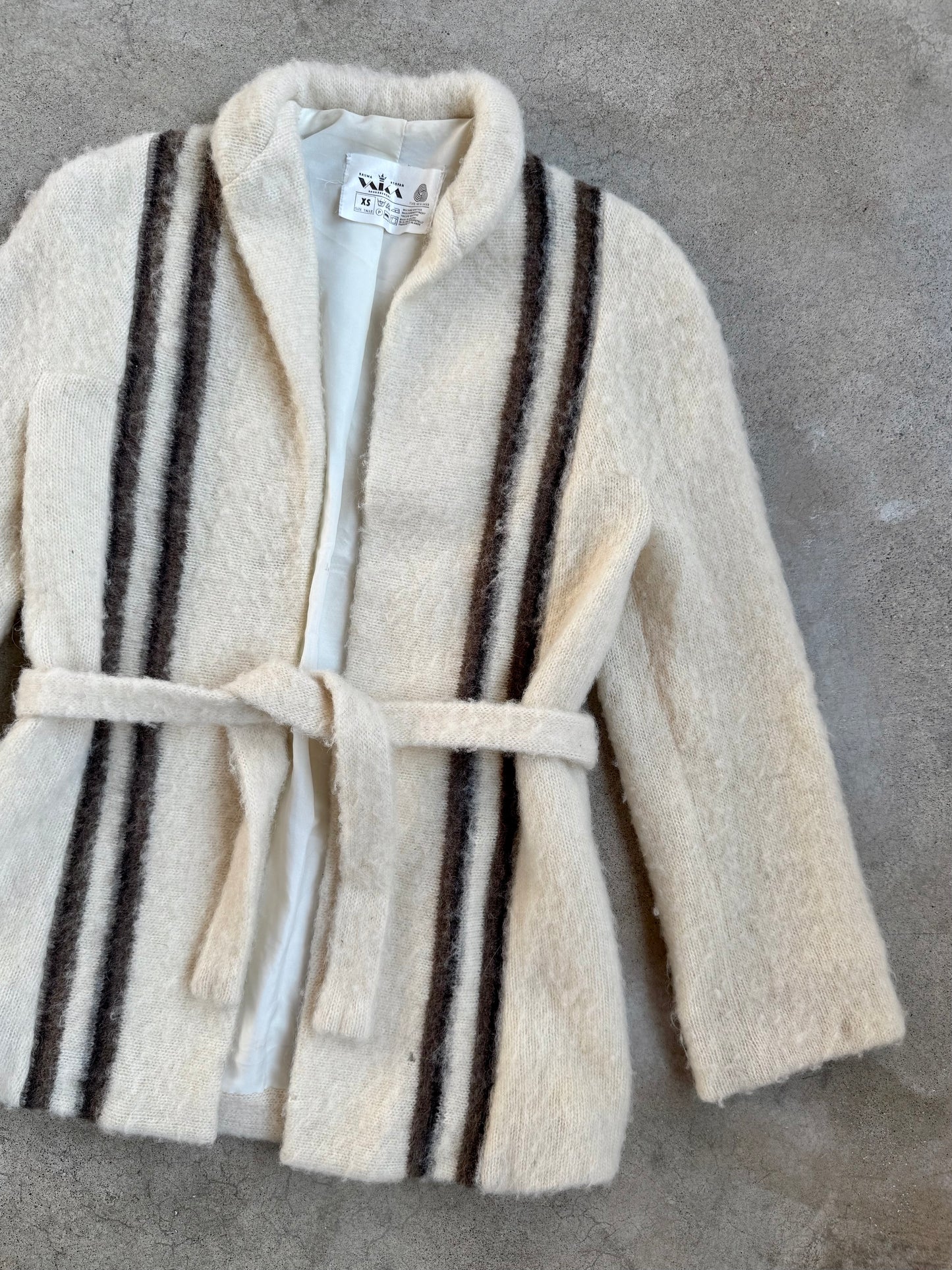 Vintage 1970s Vaka Icelandic 100% Wool Neutral Stripe Tie-Waist Sweater Jacket | XS