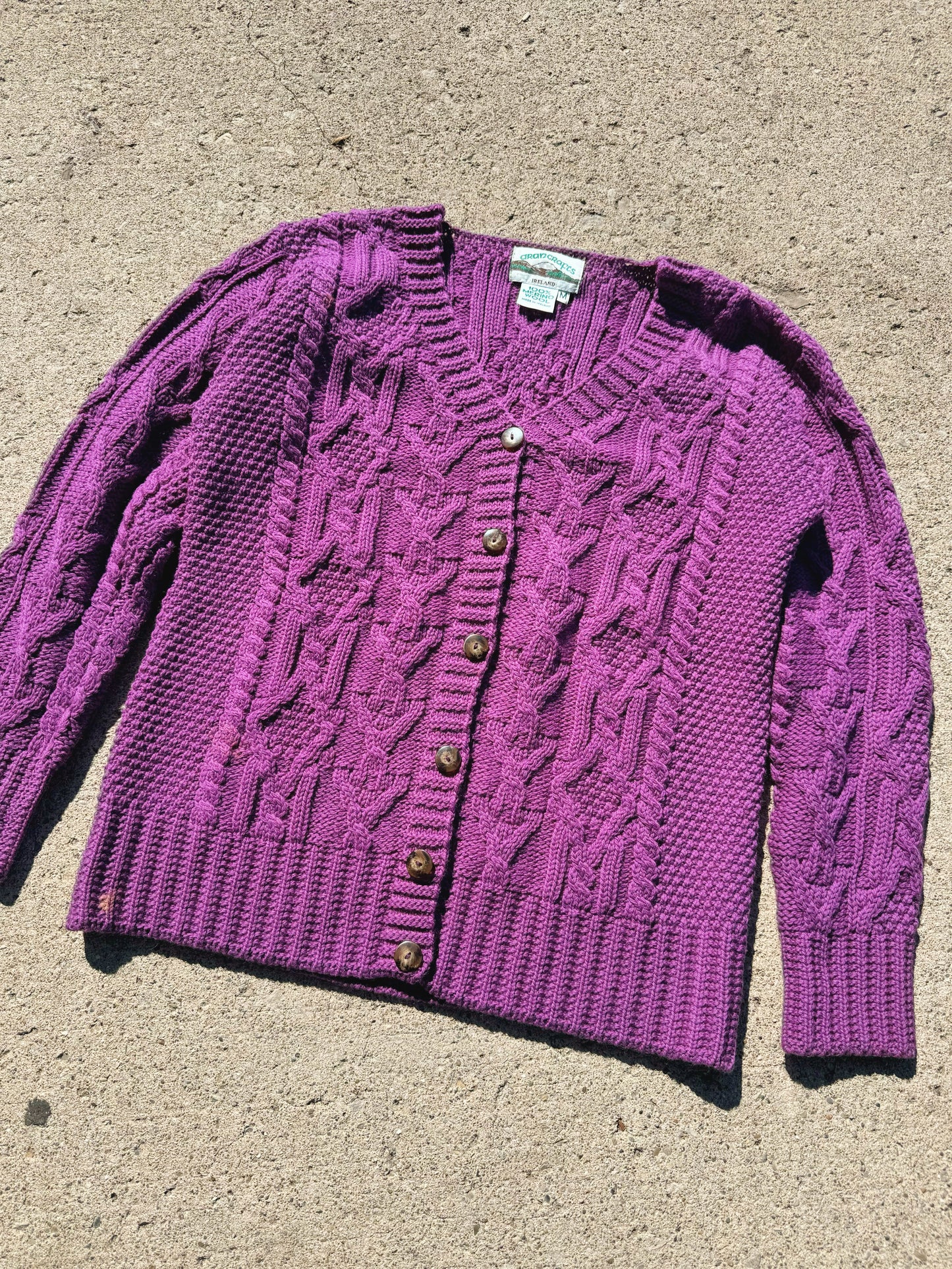 Vintage Aran Crafts Purple Cable Knit Wool Cardigan | Medium