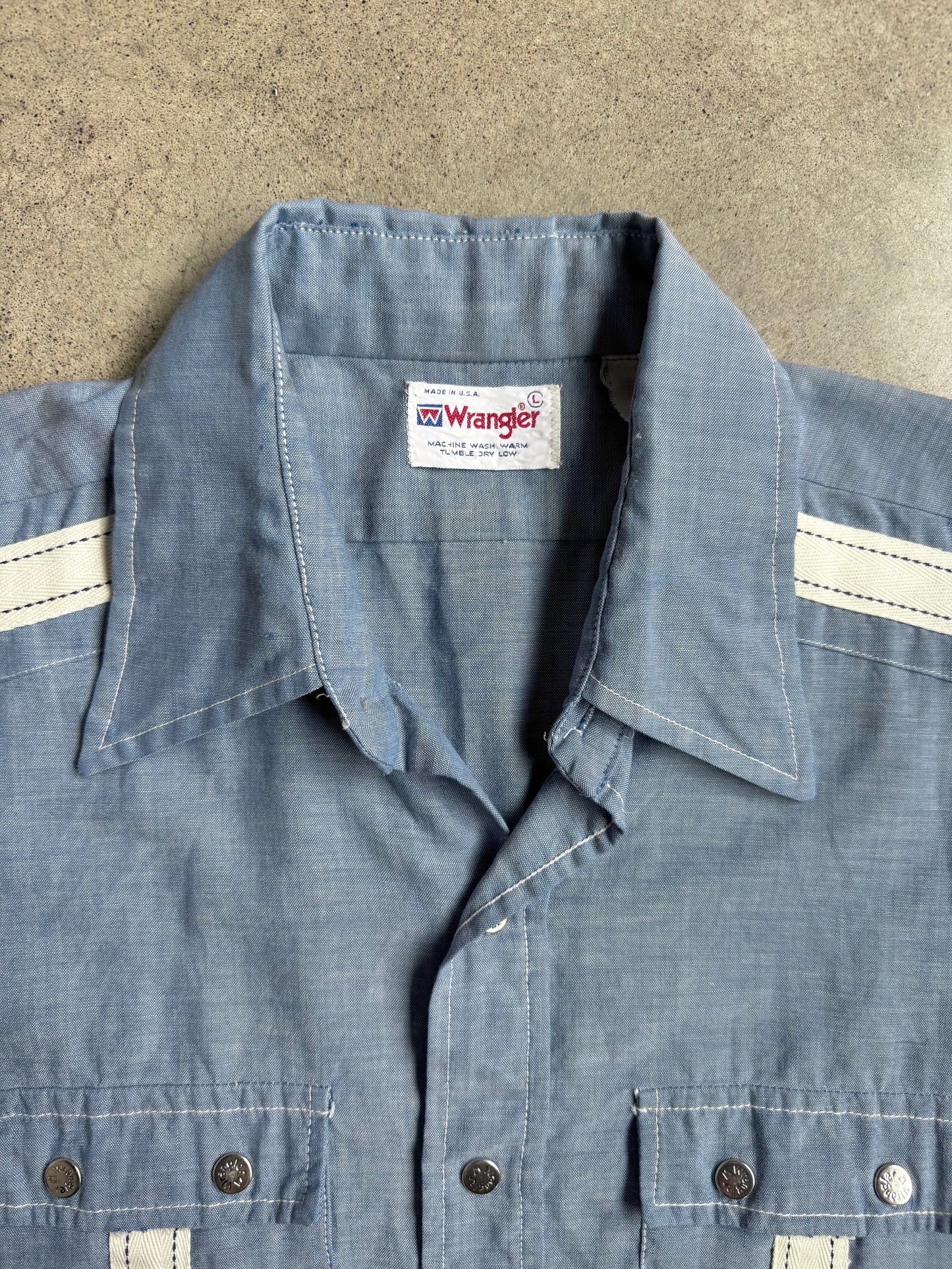 Vintage 1970s/80s Wrangler Chambray Striped Trim Western Shirt | Large
