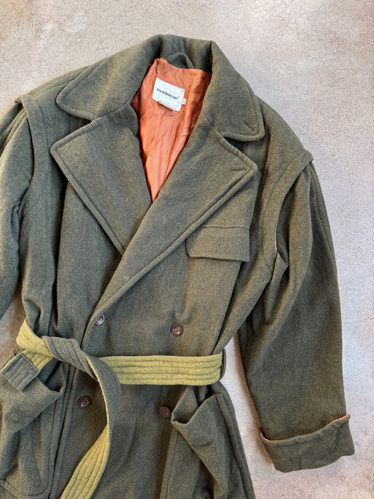 Vintage 1980s Matinique Green Wool Tie-Belt Overcoat | L/XL