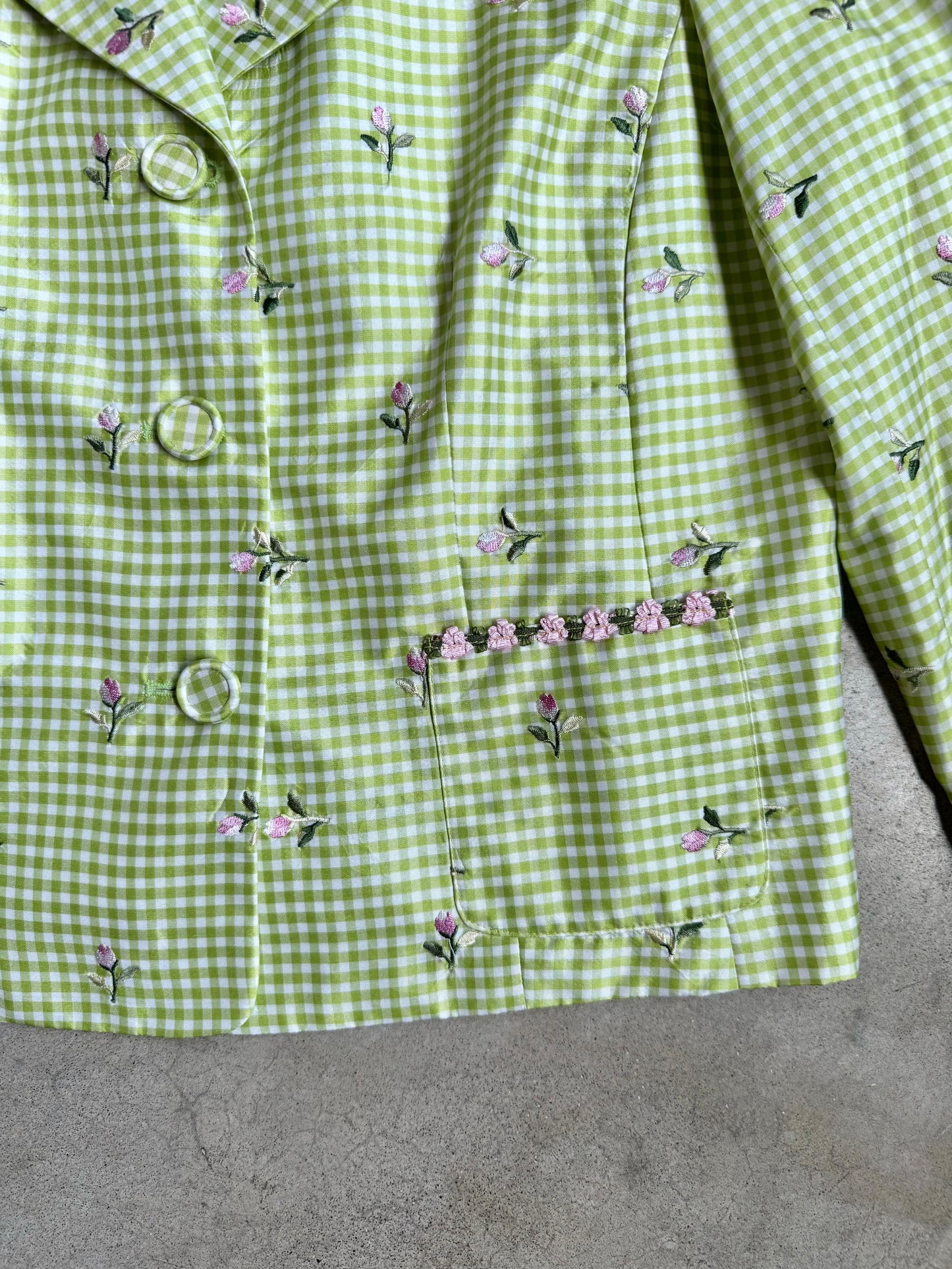 Vintage 1990s ABR New York Green Gingham Floral Embroidered Silk Skirt Suit | M/L