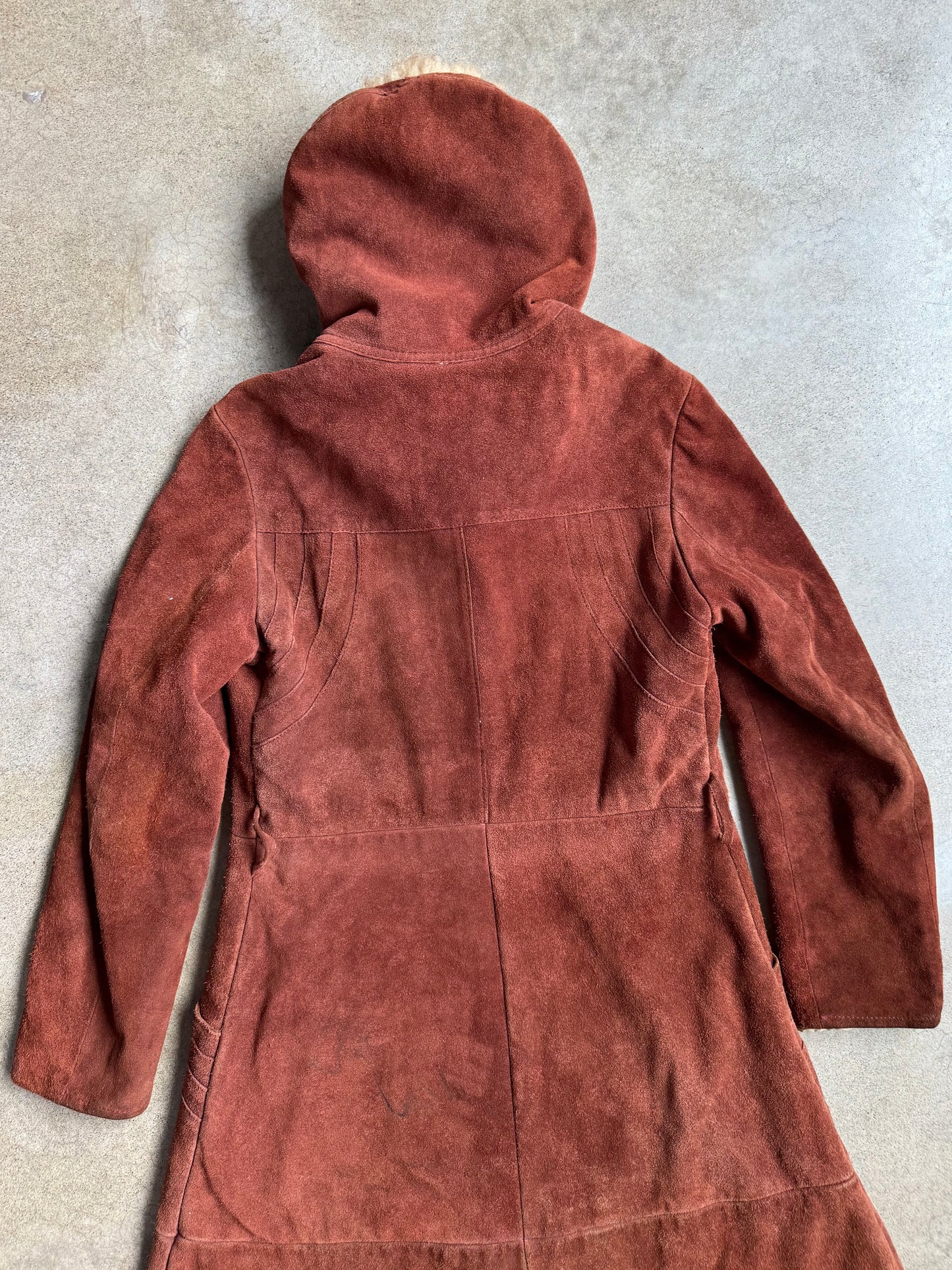 Vintage 1970s Berman’s Brown Suede Lamb Fur Trim Hooded Overcoat | Medium