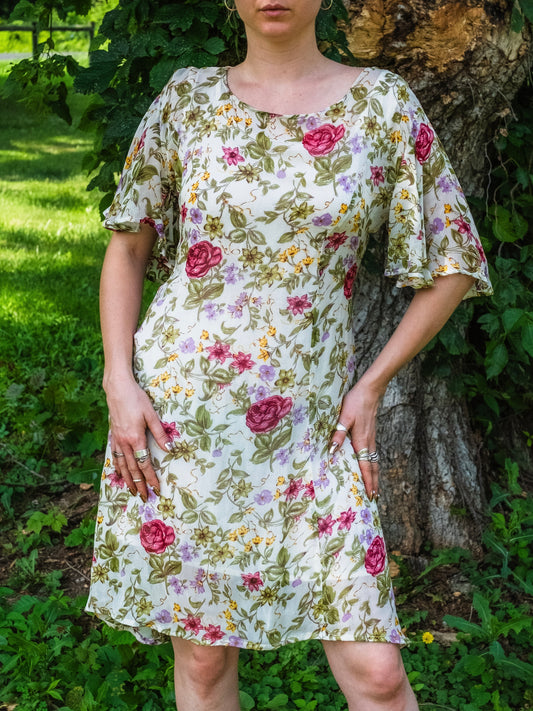Vintage 1980s Sheer Floral Print Tie-Back Flutter Sleeve Summer Dress | M/L