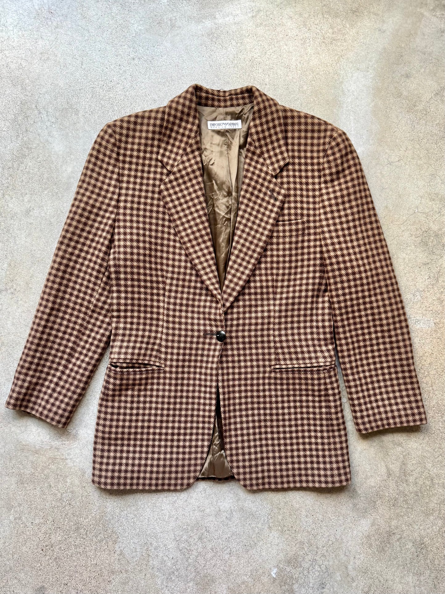Vintage 1980s Emporio Armani Italian-Made Brown Plaid Wool Blazer | Medium