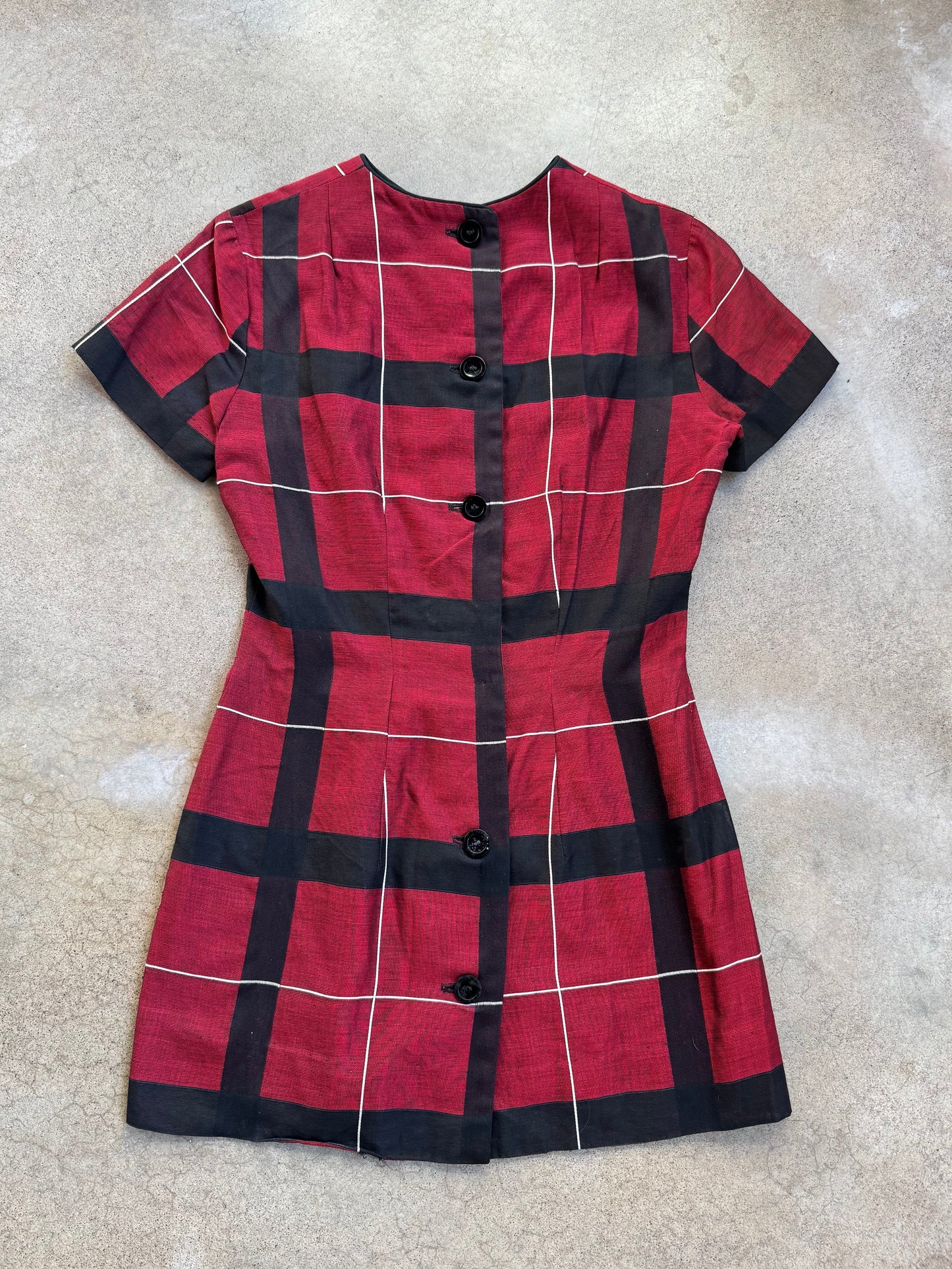 Vintage 1950s Stacey Ames Red Plaid Short Sleeve Mini Dress | S/M